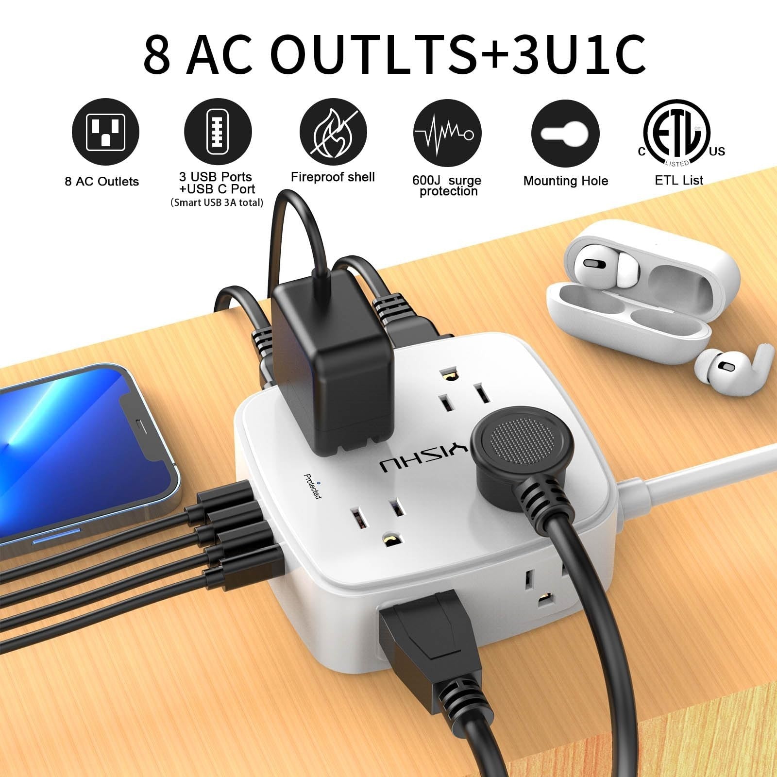 20ft Surge Protector Power Strip, 8 Outlets & 4 USB Ports, Flat Plug, Wall Mount2