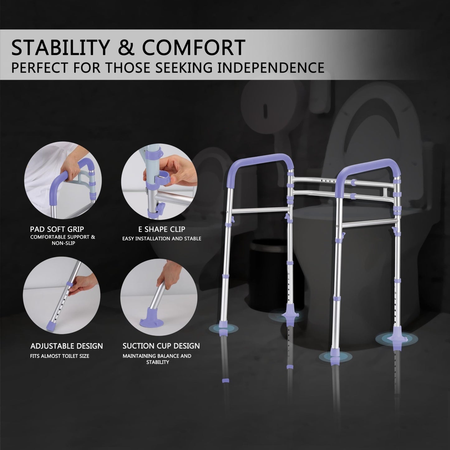 Adjustable Toilet Safety Rails, 350 lbs Capacity, Foldable Design, Fits Most Toi3
