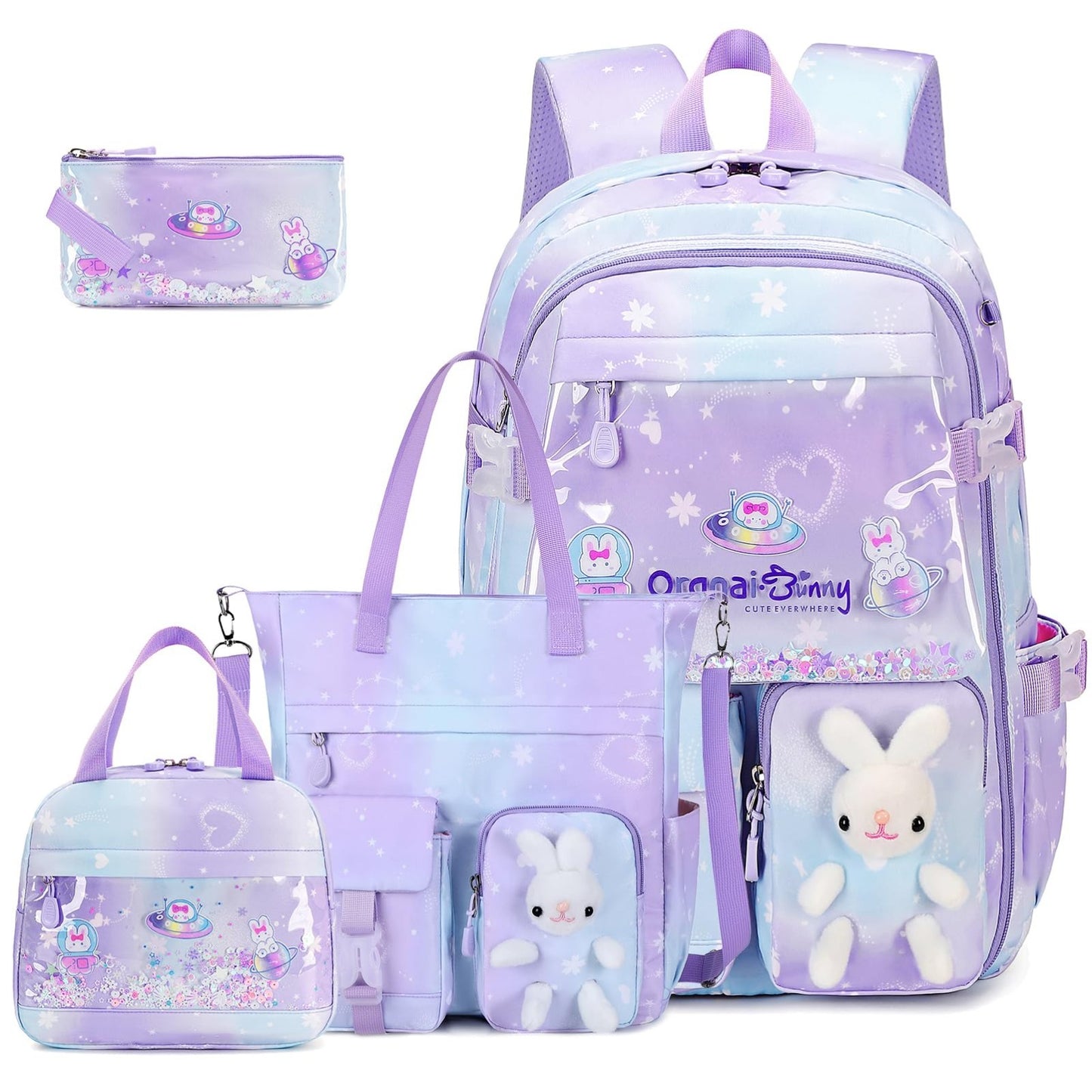 Kawaii Bunny Girls Backpack Set, 4PCS School Bags with Tote, Lunch Box & Pencil1