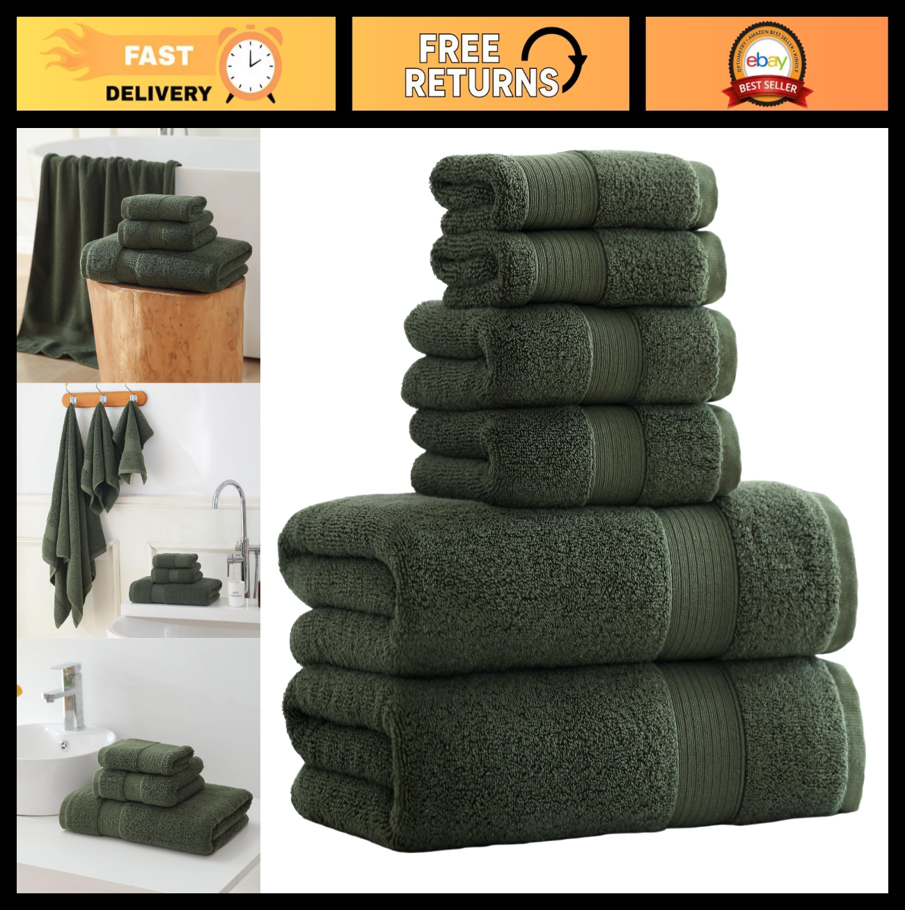 Luxury 100% Cotton Bath Towels Set, 650GSM Super Soft & Absorbent, Olive Green,0
