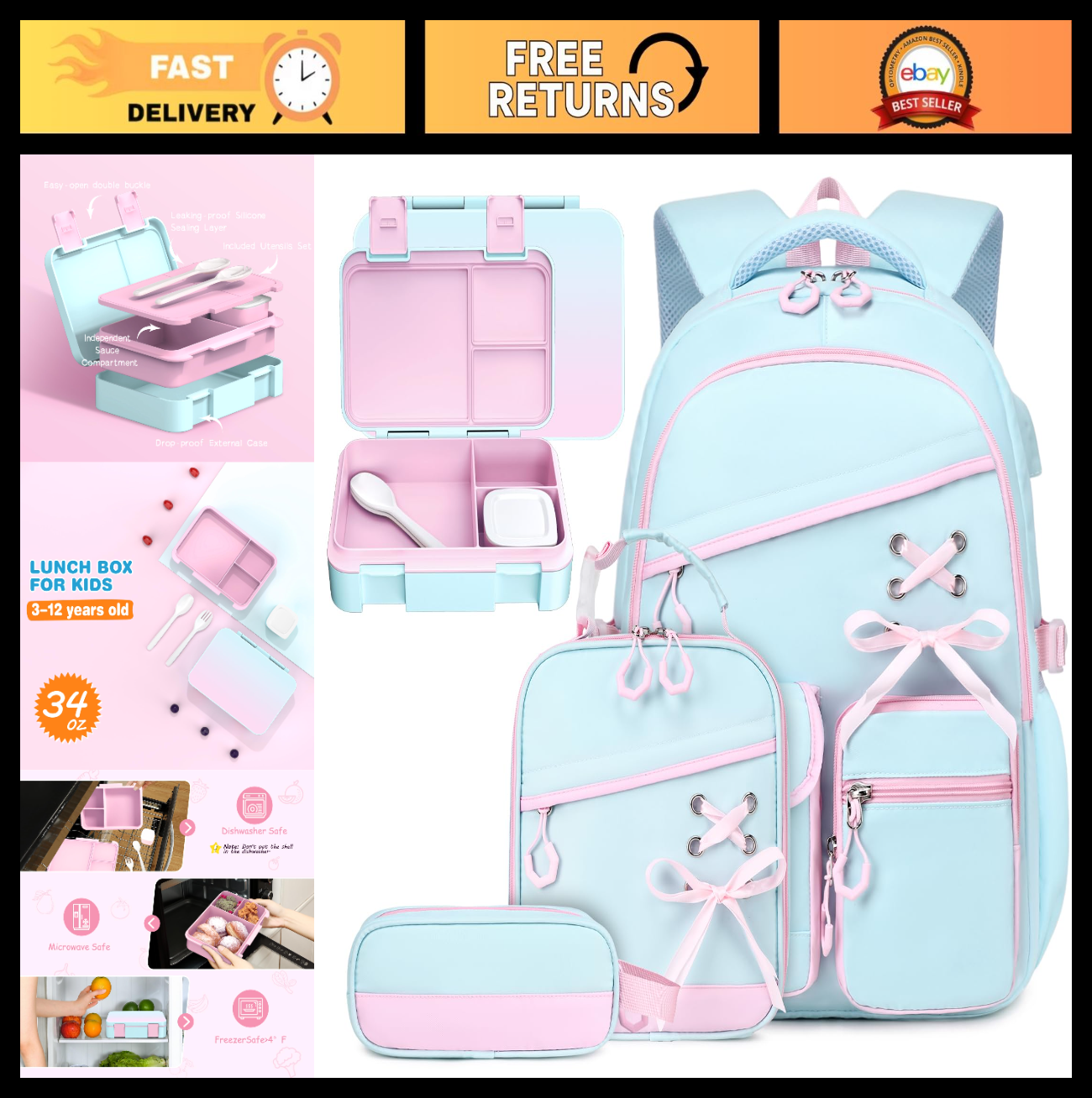 Girls School Backpacks Set   6PCS with Bento Box, Lunch Bag & Pencil Pouch, Aqua0
