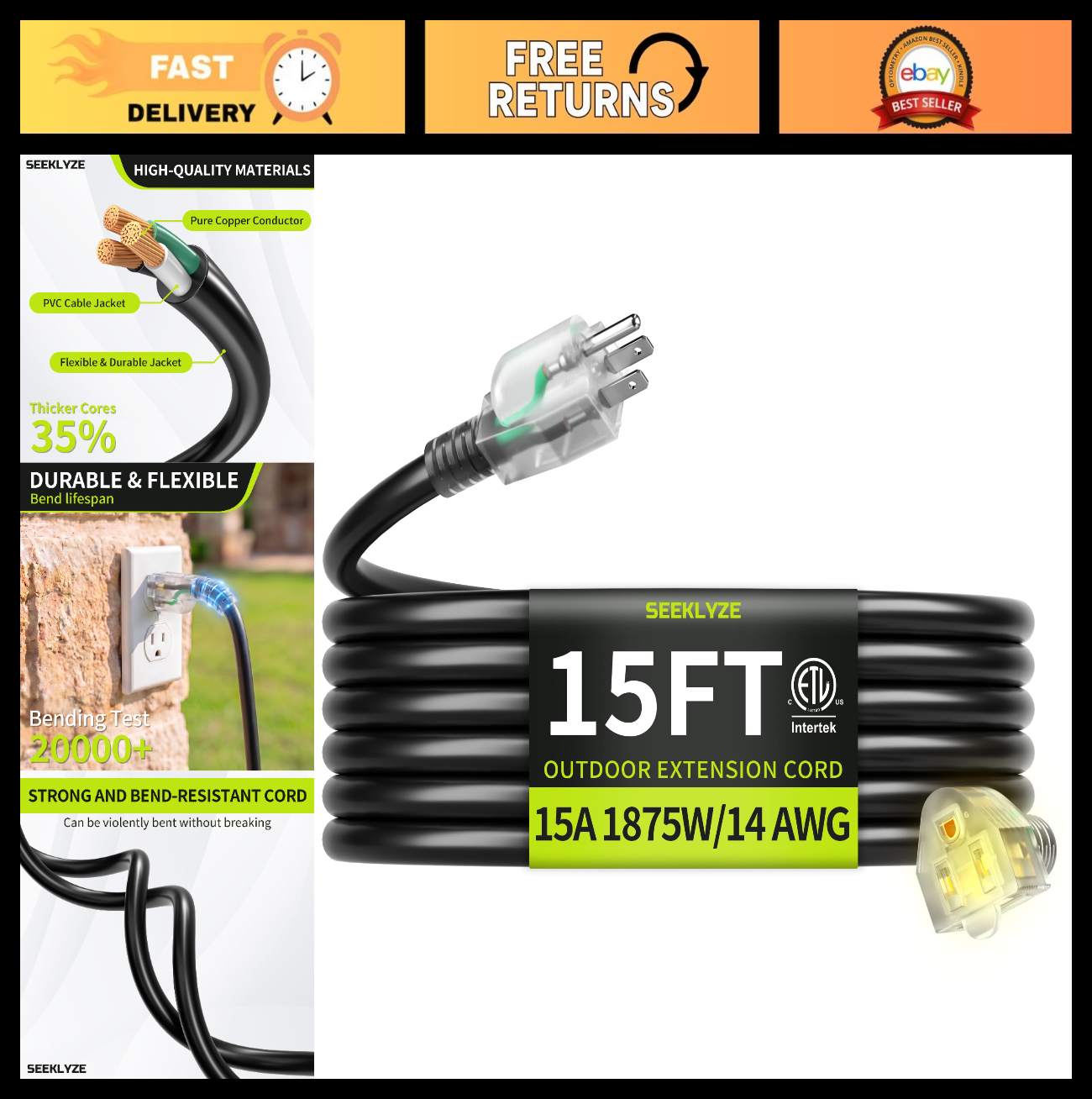 Heavy Duty 15FT 14AWG Outdoor Extension Cord with Lighted End   Weather Resistan0