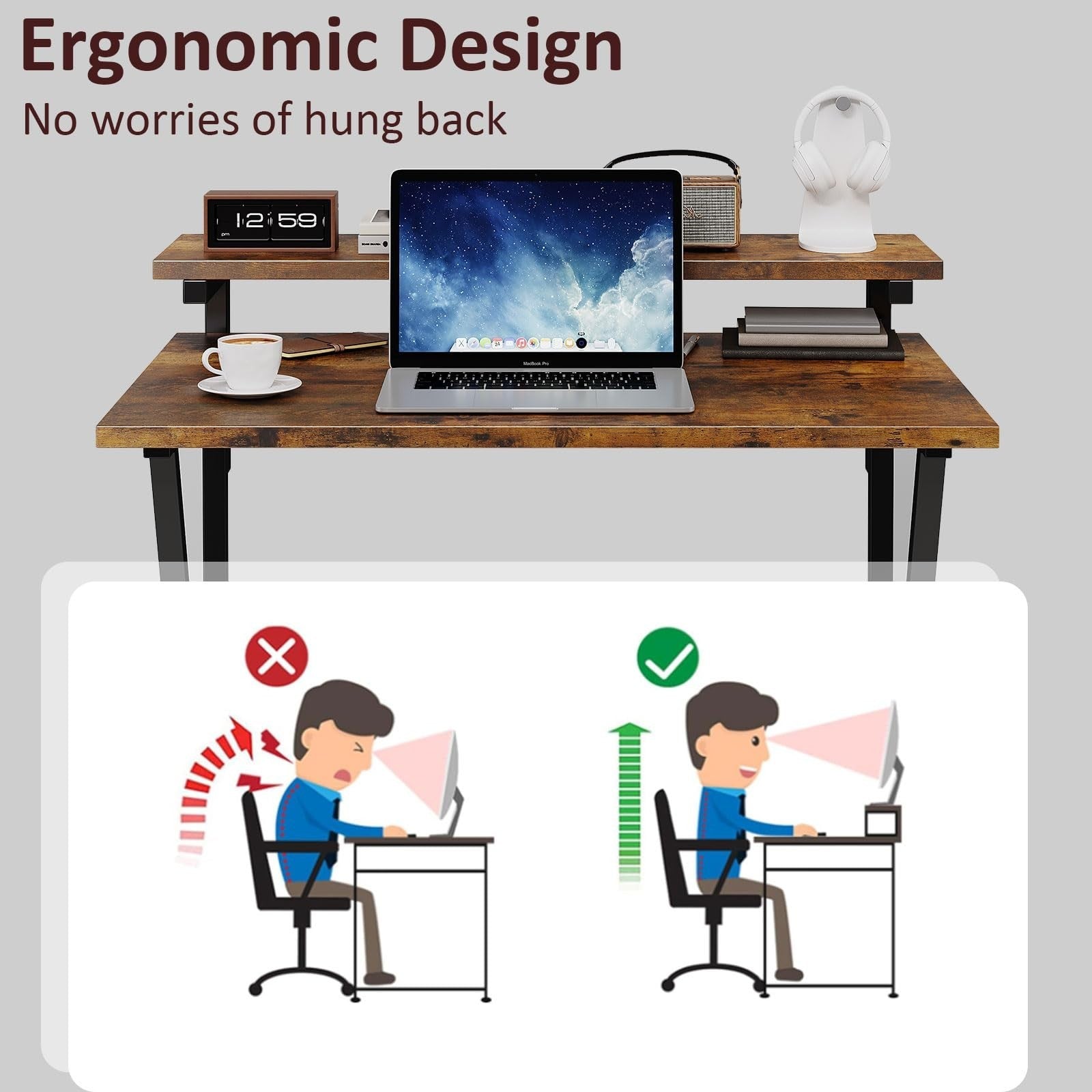 Compact Computer Desk with Adjustable Monitor Stand & Storage - Rustic Brown5