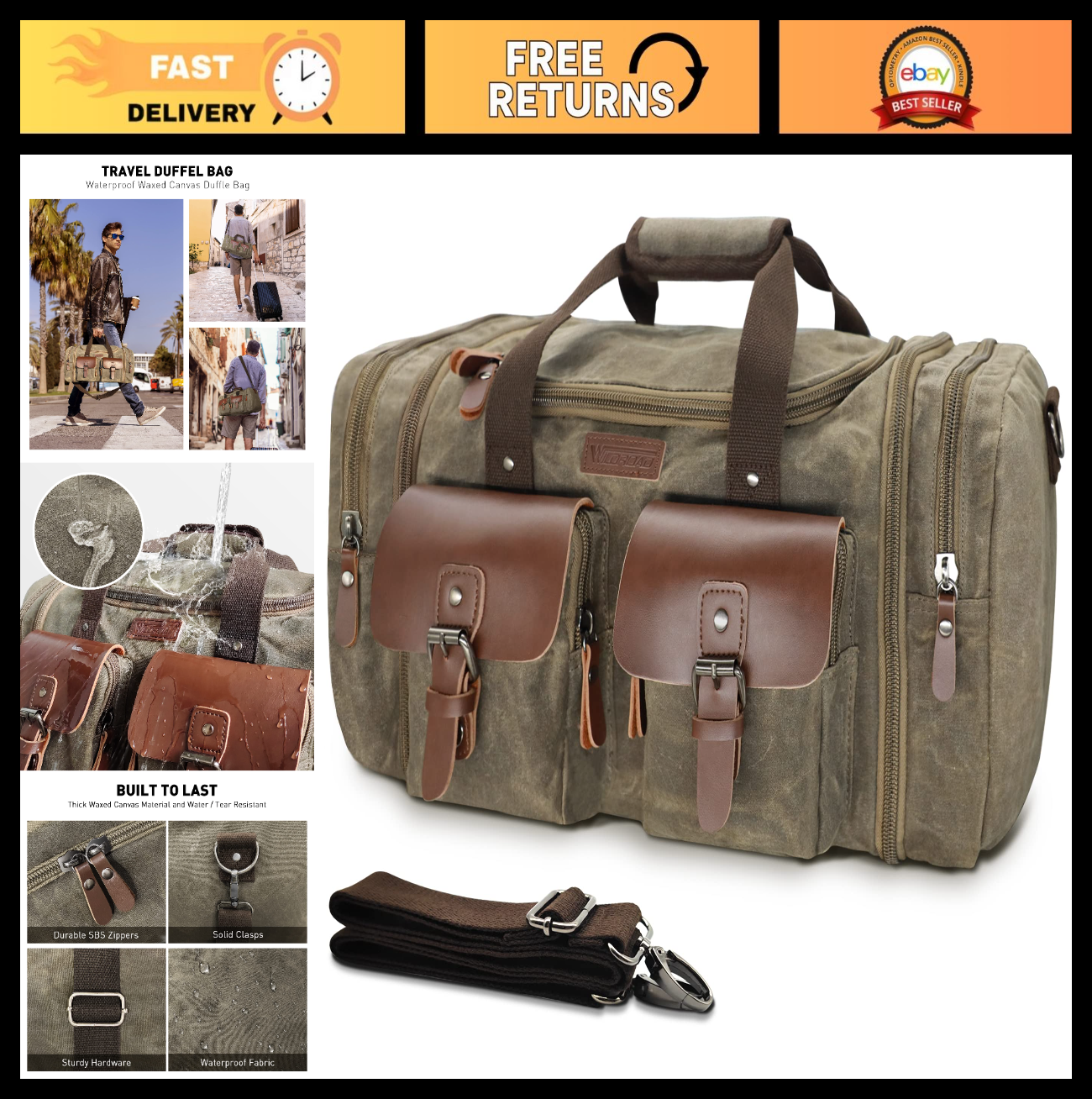 50L Waxed Canvas Duffle Bag   Waterproof Weekender Overnight Travel Tote0