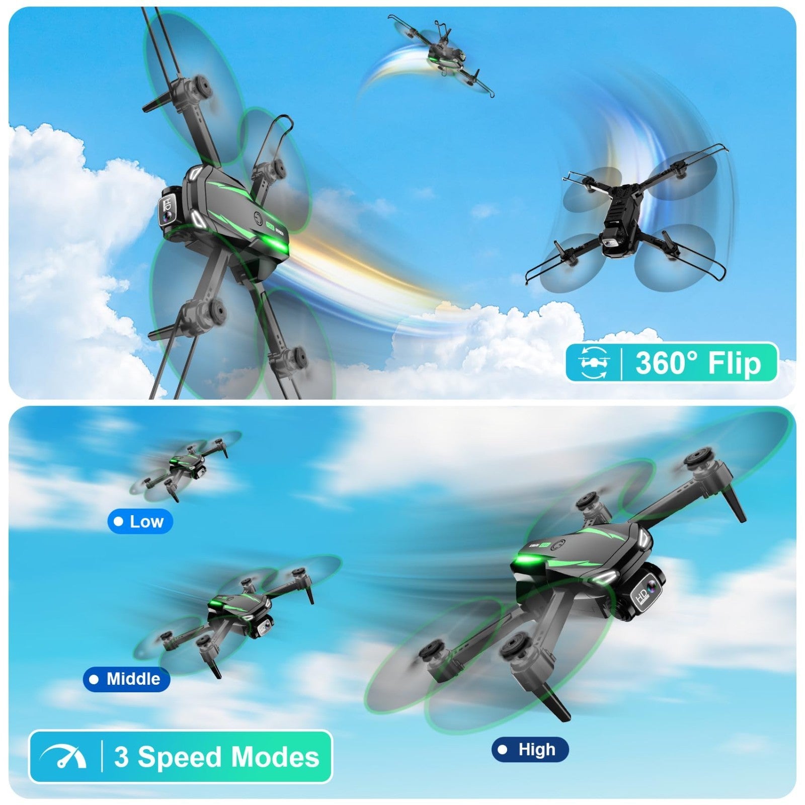 Foldable Drone with 1080P HD Camera, Mini Quadcopter for Beginners, 2 Batteries,3