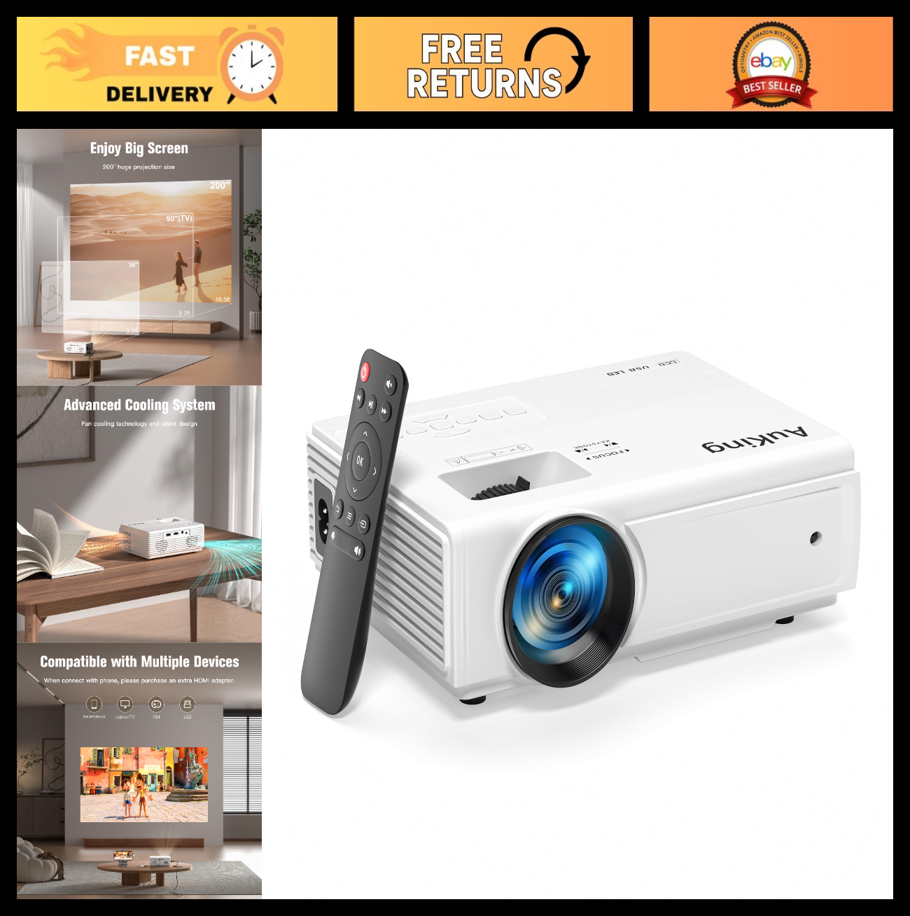 Mini Projector Full HD 1080P, Upgraded Home Theater Projector, HDMI/USB Compatib0