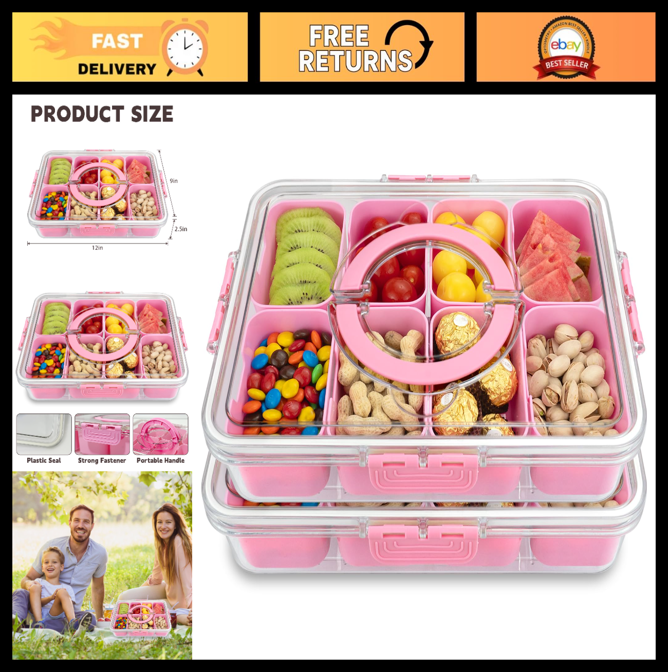 Optimized eBay Title:  "Portable Divided Snack Tray with Lid & Handle - 8 Compa0