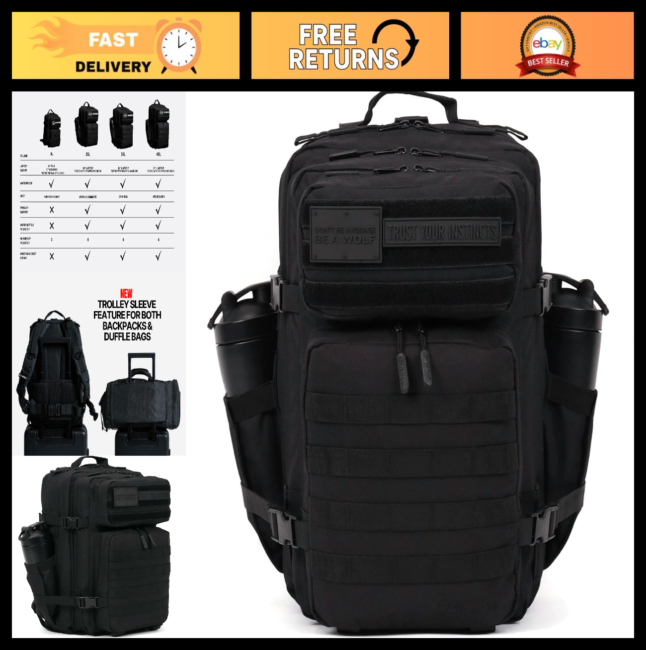Durable 45L Waterproof Gym Backpack   MOLLE Webbing, Laptop Pocket, 1000D Oxford0