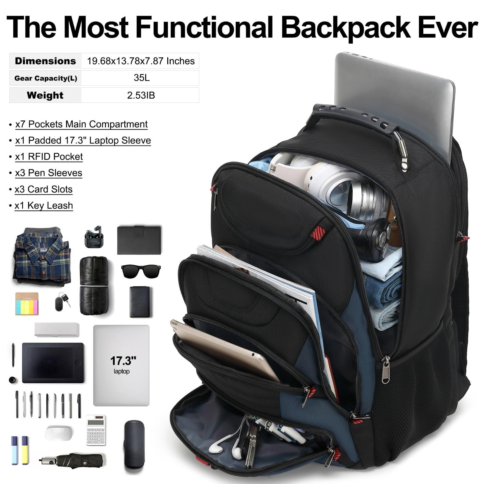 17.3" Waterproof Laptop Backpack with USB Port, Anti Theft Travel Bag for Work &4