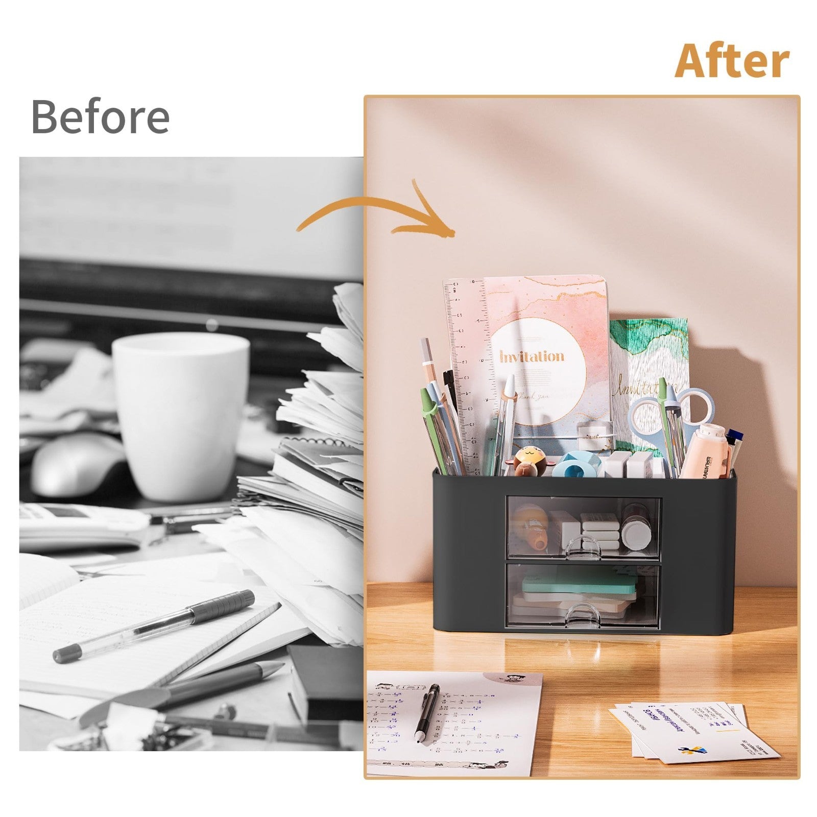 Multi Functional Desk Organizer with 2 Drawers, 5 Compartments for Office Suppli6