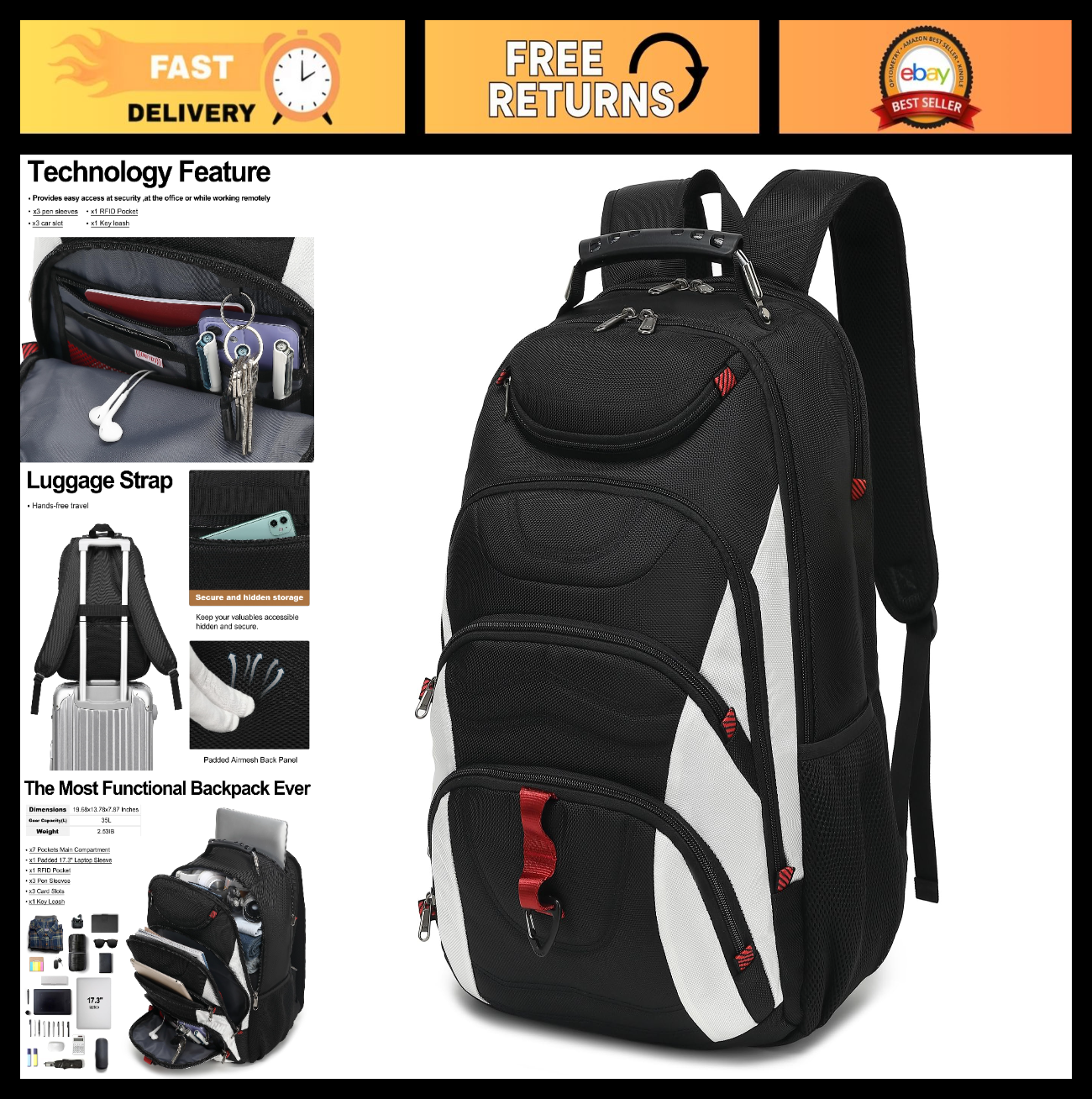 17.3" Waterproof Laptop Backpack with USB Port, Anti Theft Travel Bag for Work &0