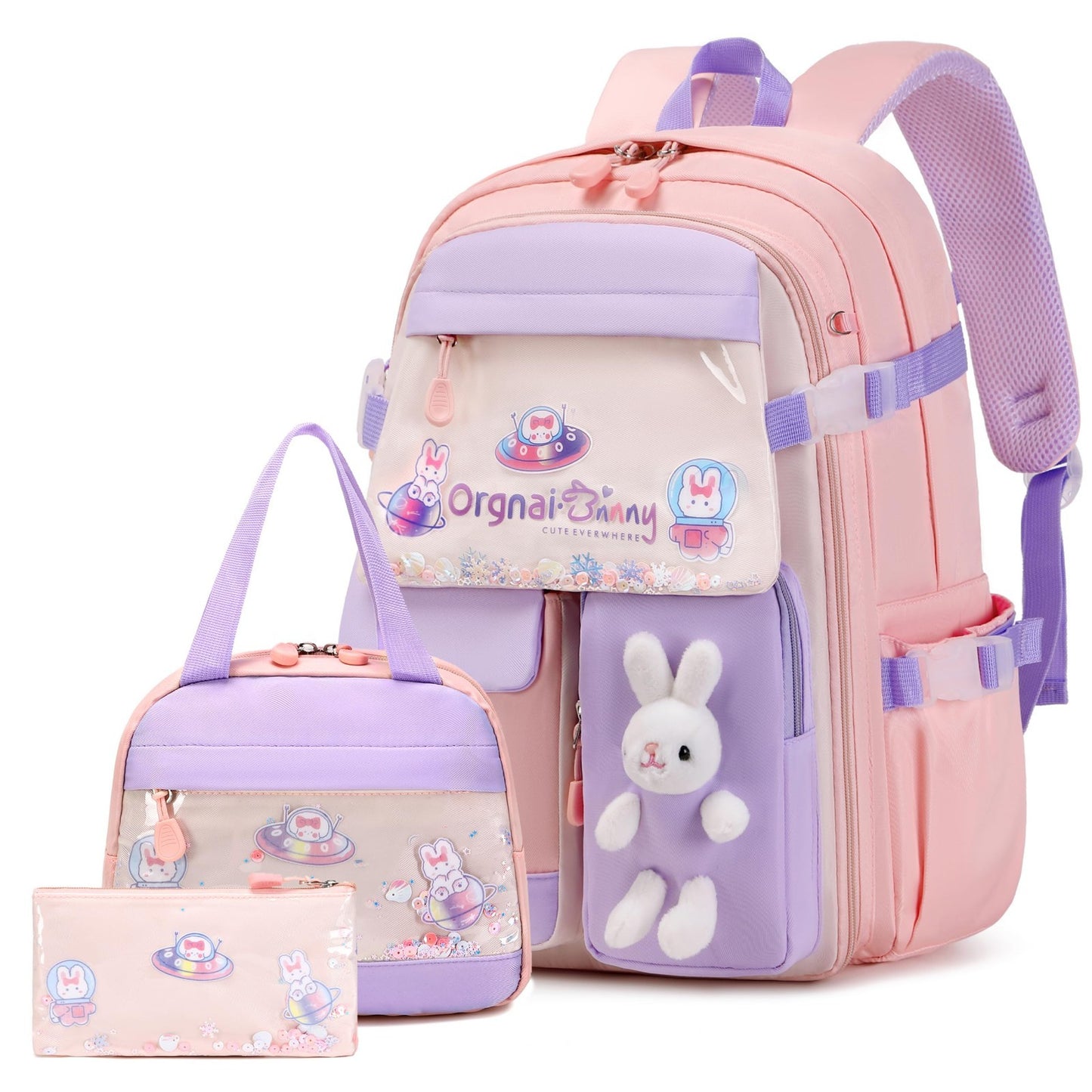 Kawaii Bunny Girls Backpack Set   3PCS School Bag with Lunch Box & Pencil Case,1