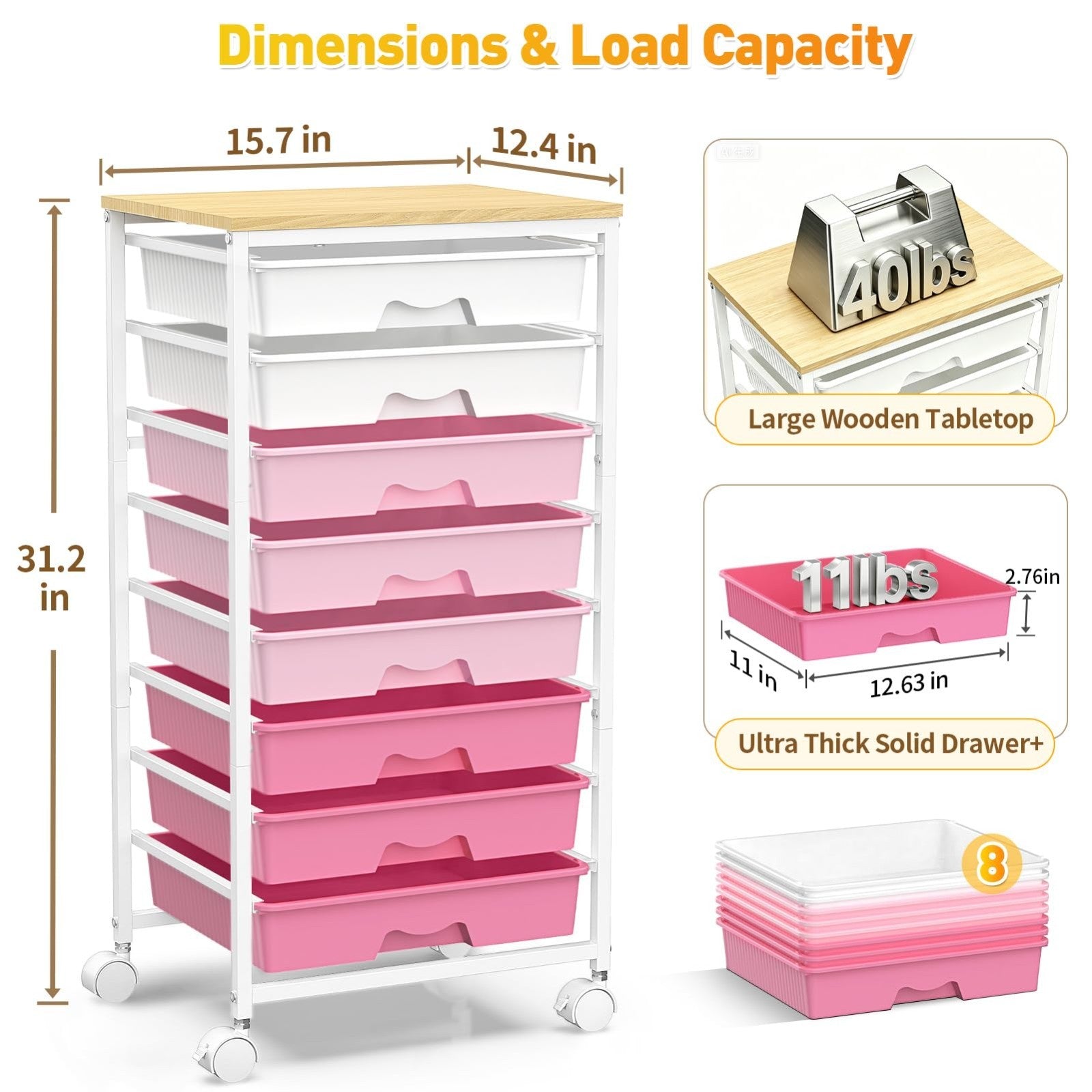 8 Drawer Rolling Storage Cart with Wooden Top & Lockable Wheels   Craft & Office2