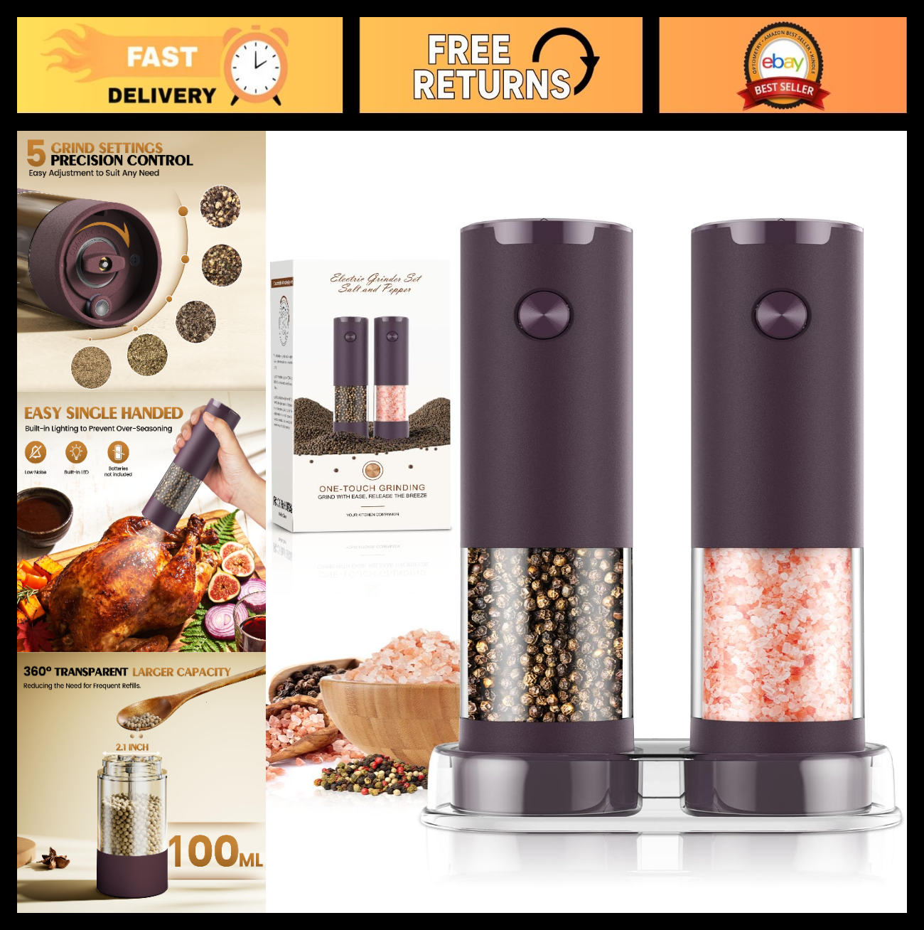 Automatic Electric Salt and Pepper Grinder Set   Adjustable Coarseness, LED, Lar0