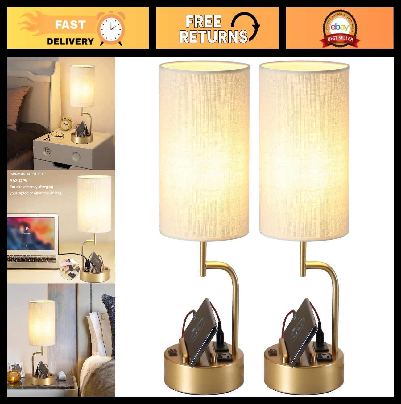 Modern Table Lamp with 3 USB Ports & AC Outlet, Bedside Desk Light, Set of 2   G0