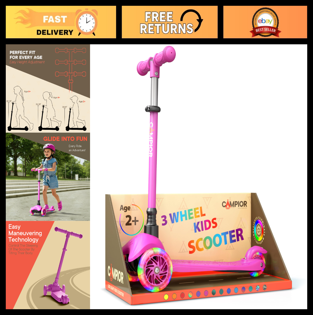 Pink Mini 3-Wheel Kids Scooter - Lean-to-Steer, LED Light Wheels, Adjustable Han0