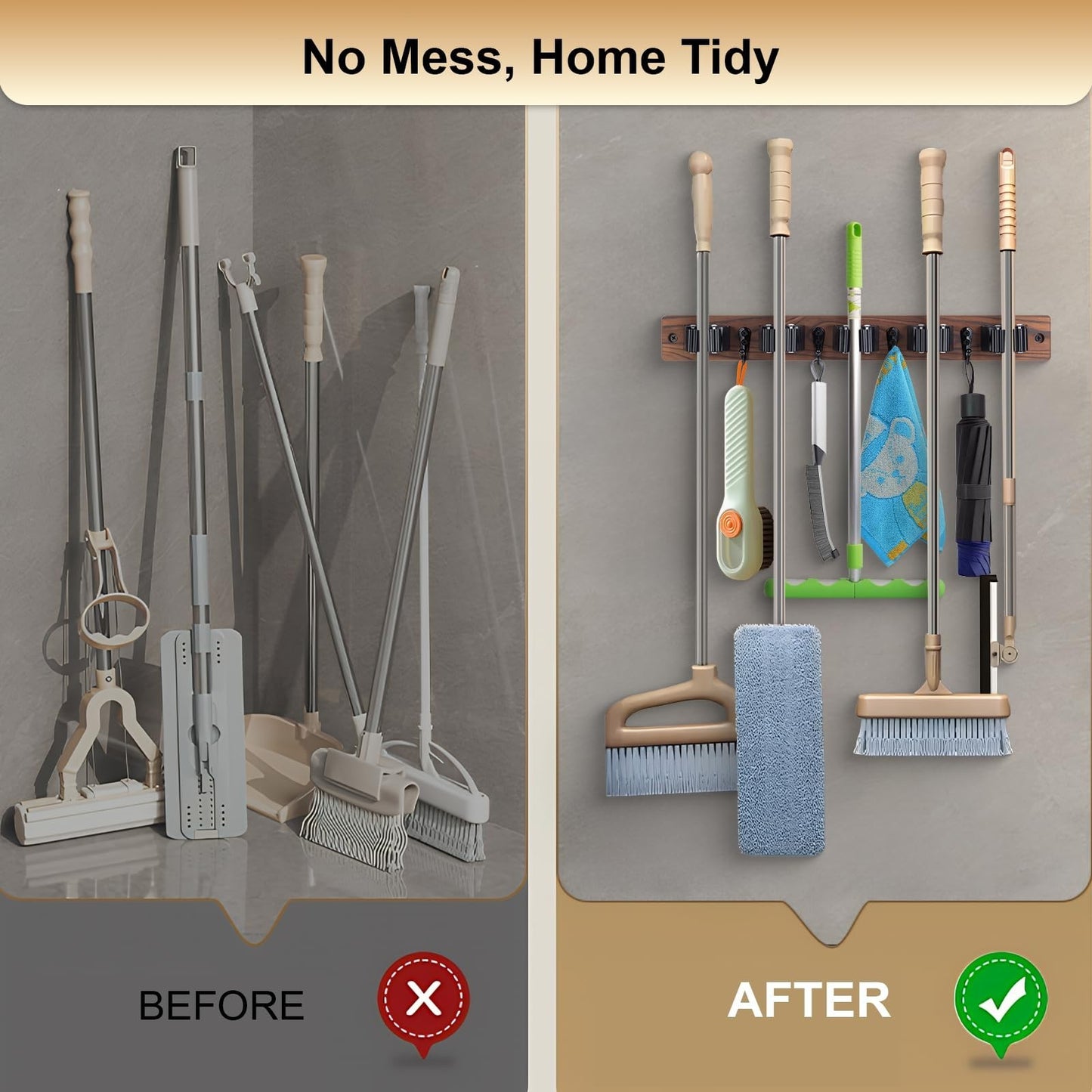 2 Pack Wall Mount Broom Holder with 5 Slots & 4 Hooks - Rustic Wood Tool Organiz6