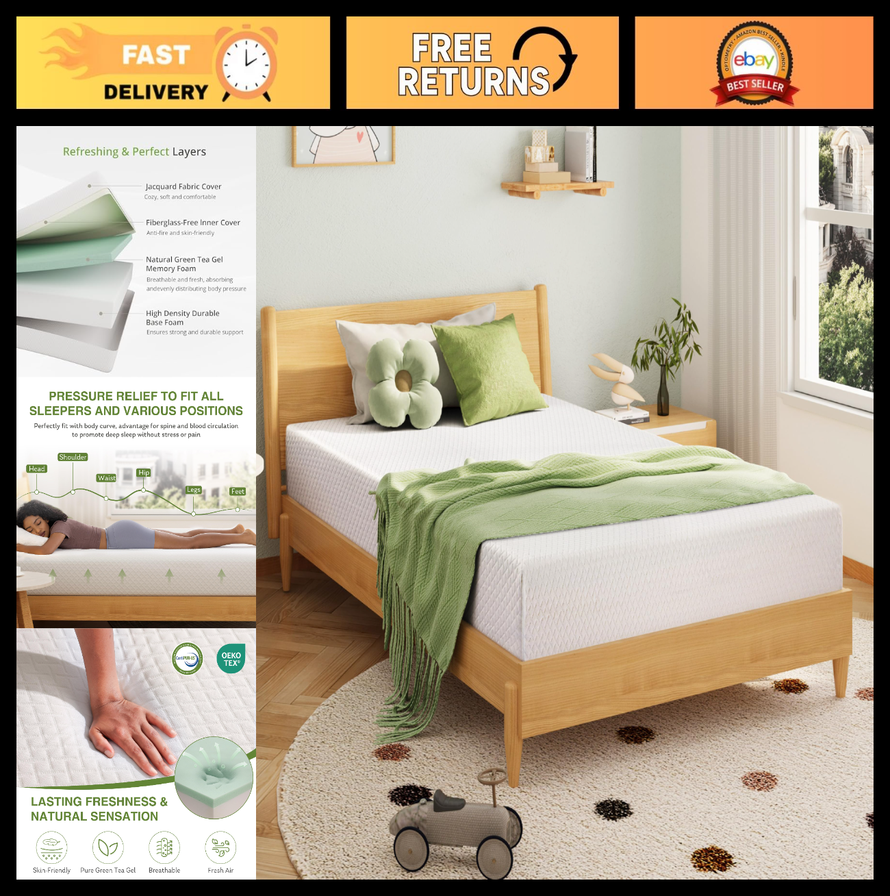 6" Twin Memory Foam Mattress for Kids   Cooling Gel, Pressure Relief, CertiPUR U0