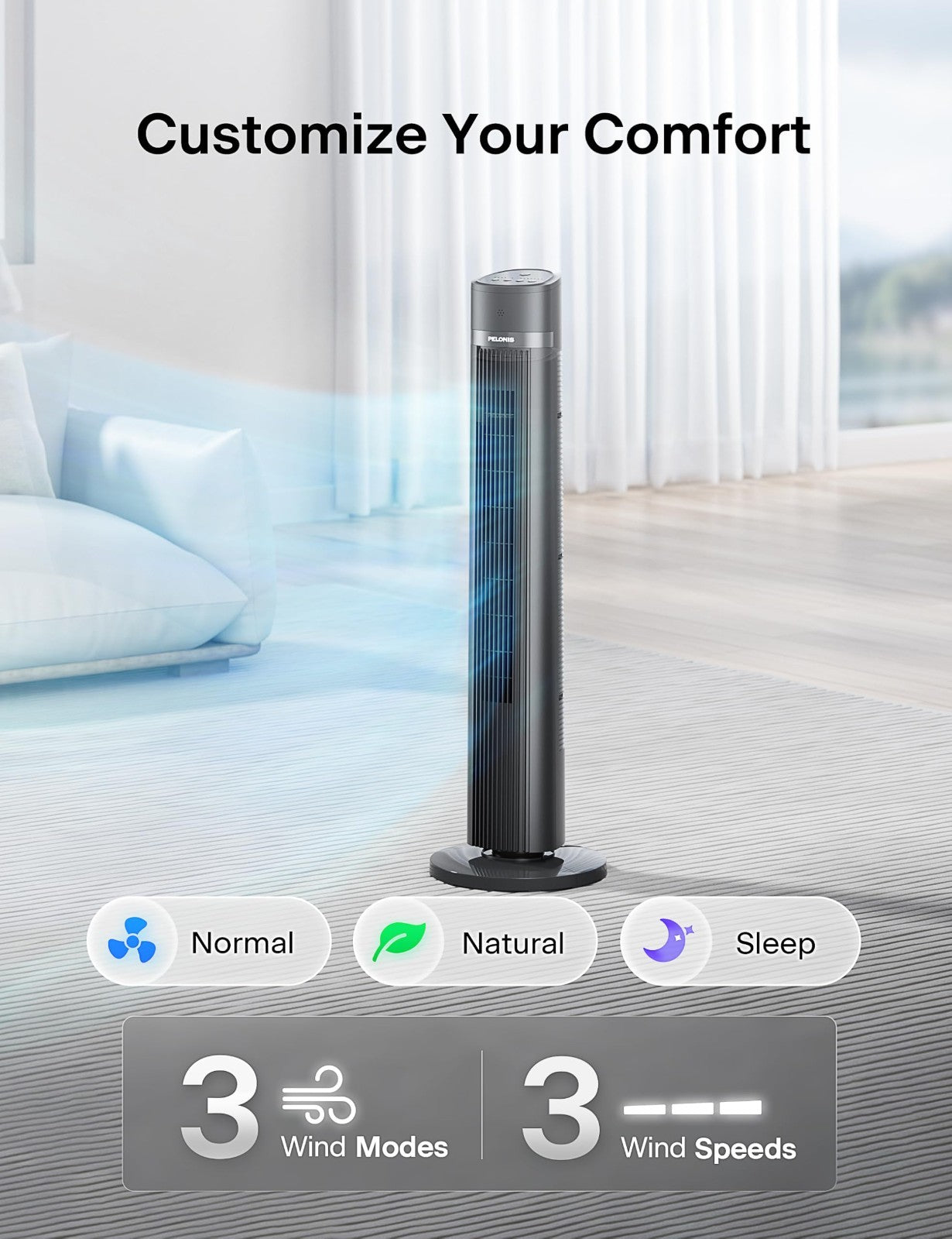 40" Bladeless Tower Fan with Remote, 90° Oscillation, 3 Speeds, Quiet 27dB, Time3
