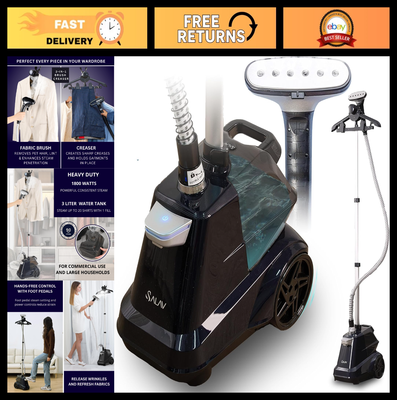 Heavy Duty Commercial Garment Steamer, 1800W, 3L Water Tank, Foot Pedals, Navy0
