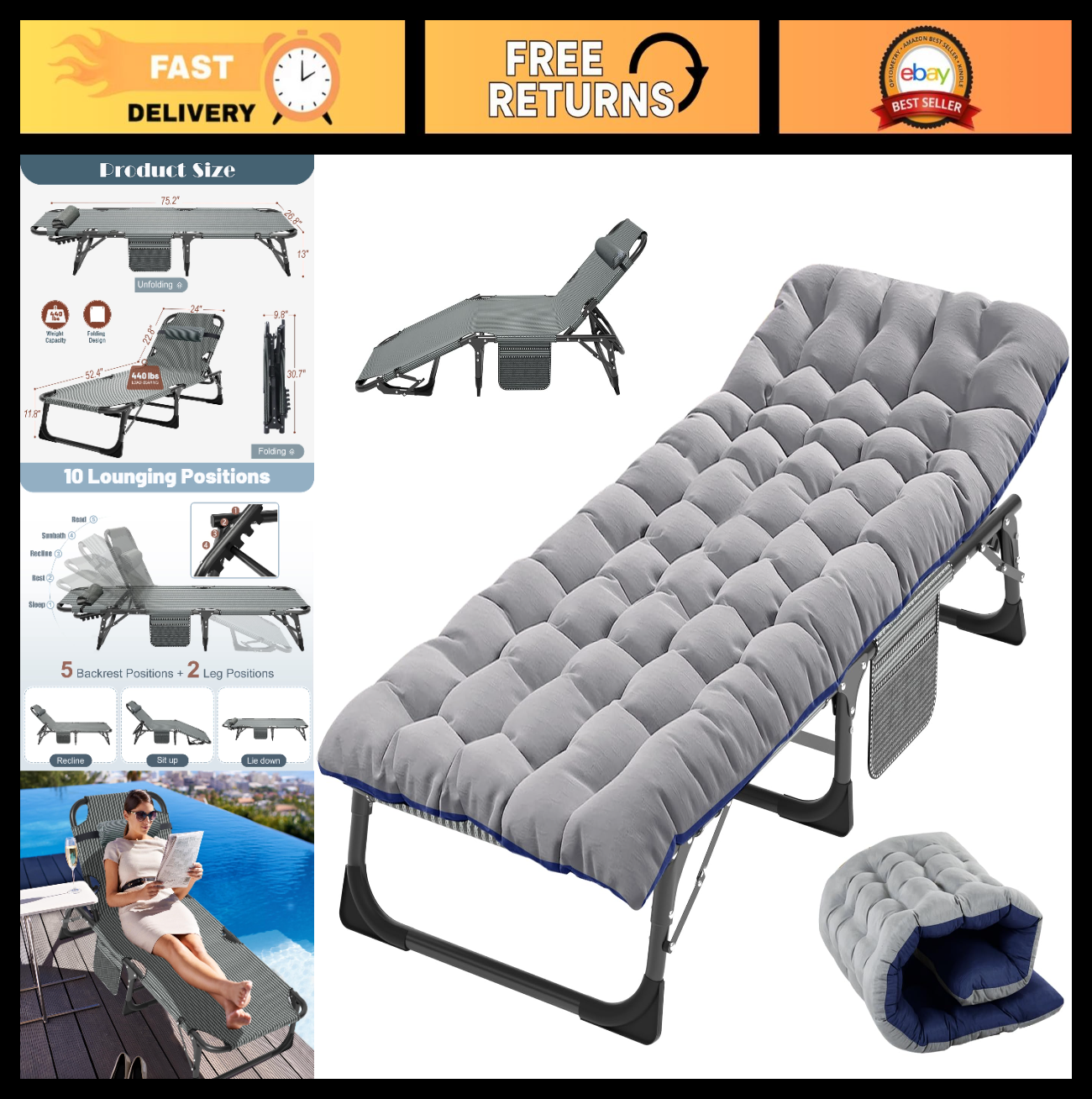 Folding Camping Cot for Adults   5 Position Adjustable Backrest & Padded Cushion0