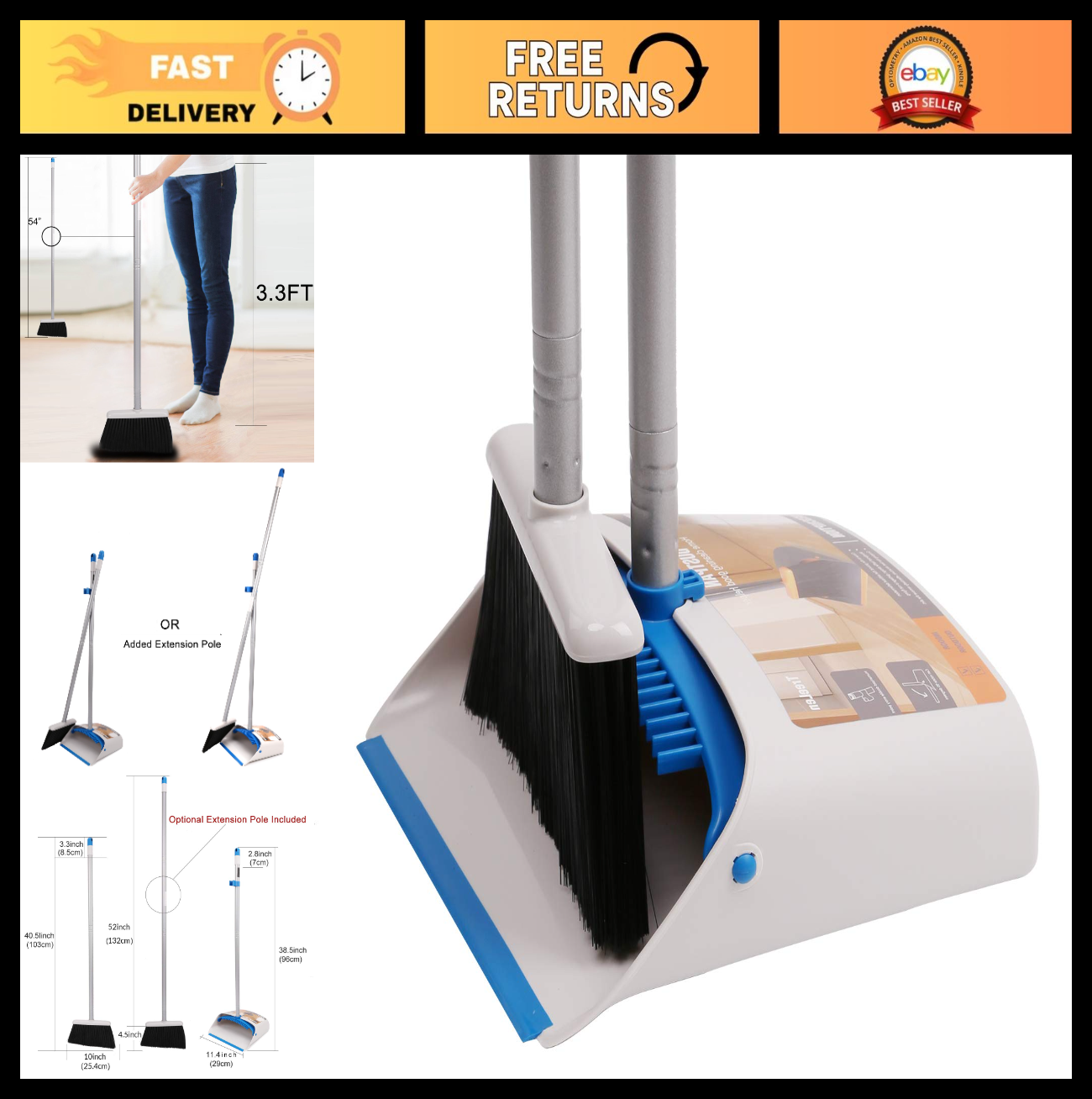 Long Handle Broom & Dustpan Set - Upright Combo for Home, Kitchen, Office, Lobby0