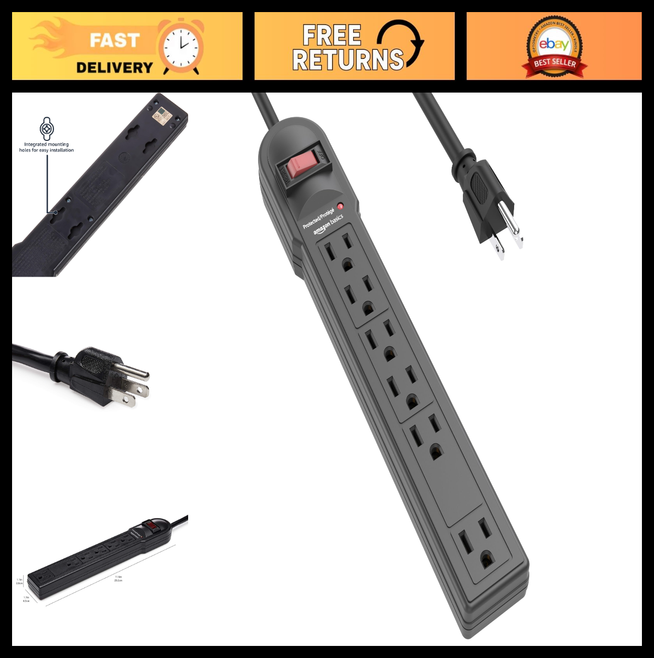 6 Outlet Surge Protector Power Strip, 790 Joules, Circuit Breaker, 6ft Cord, LED0