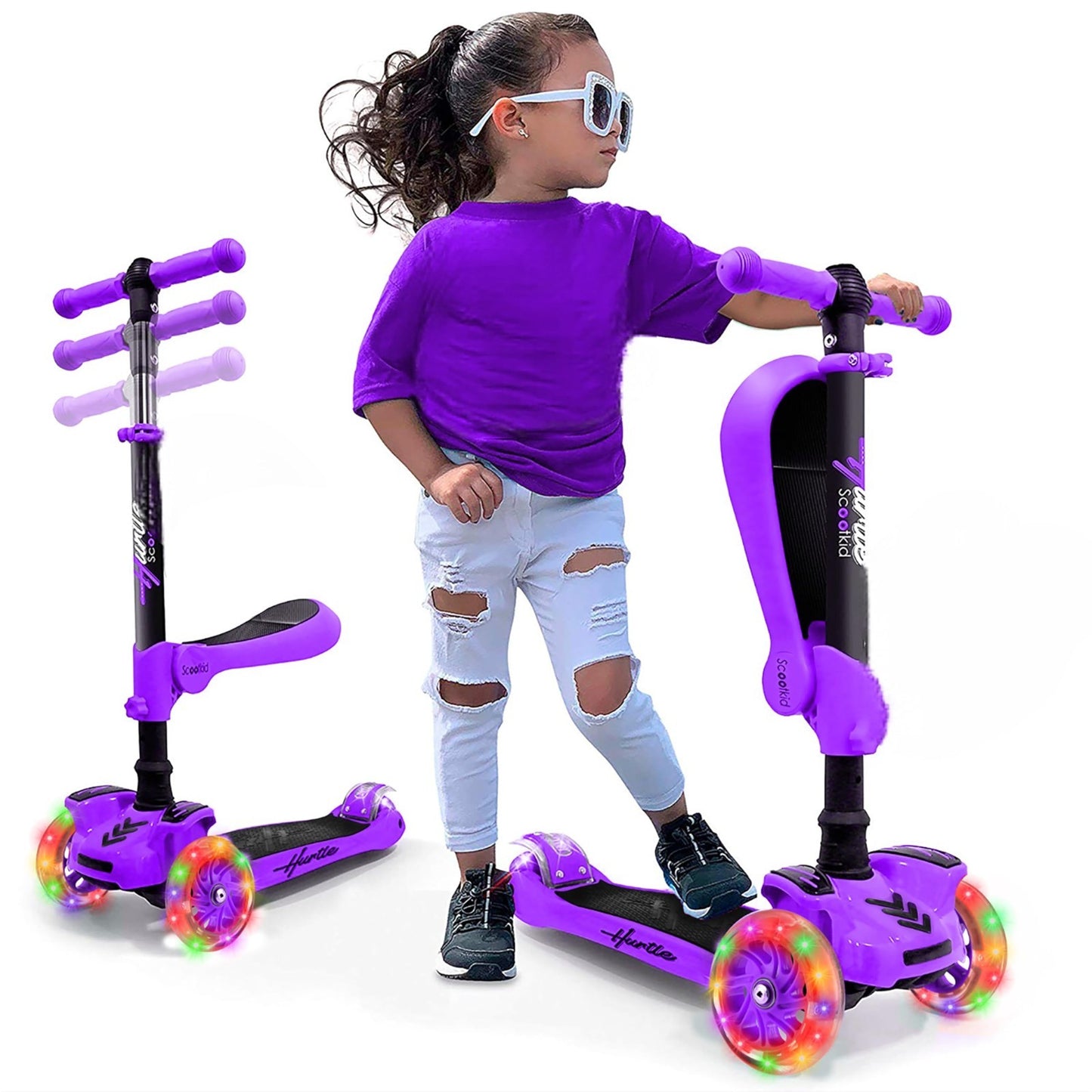 3-Wheeled Kids Scooter with LED Lights, Adjustable Handlebar, Foldable Seat, Sit1