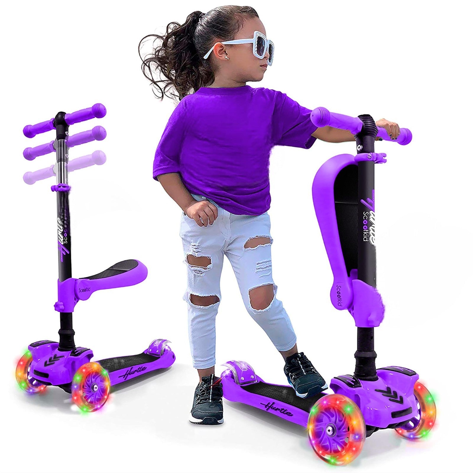 3-Wheeled Kids Scooter with LED Lights, Adjustable Handlebar, Foldable Seat, Sit1