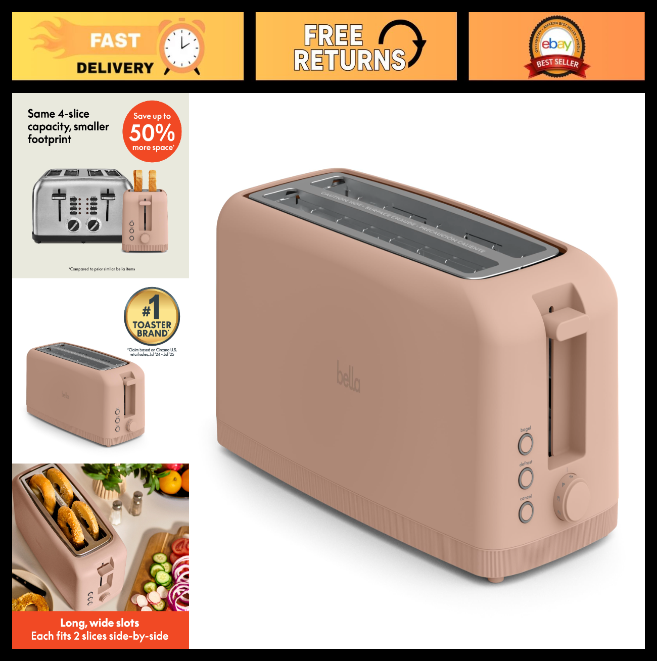Slim 4 Slice Toaster, Extra Long & Wide Slots, Fits Anywhere, Blossom Design0