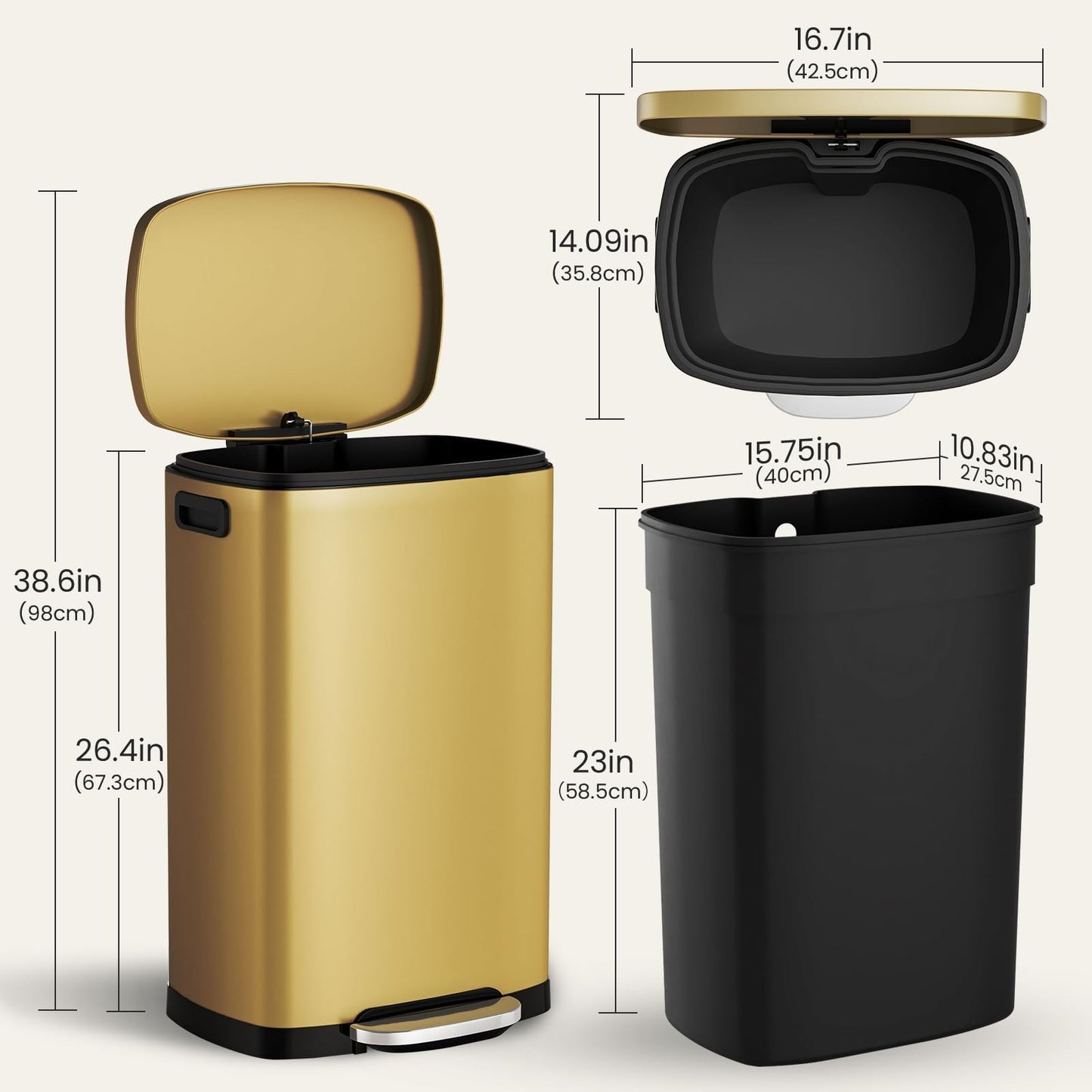 13 Gal Stainless Steel Kitchen Trash Can with Soft Close Lid, Pedal Step Wasteba8