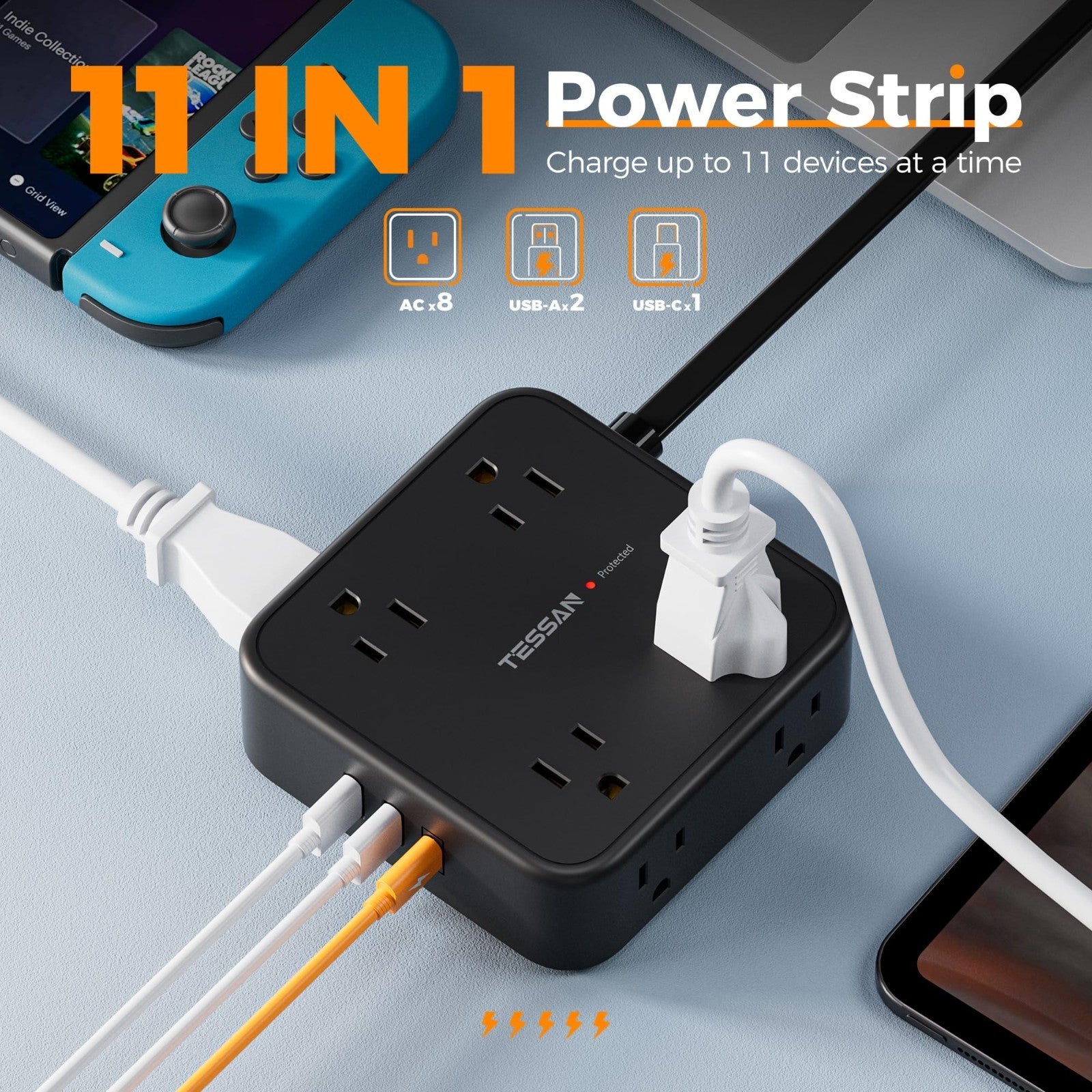 Surge Protector Power Strip with 900J Protection, 5 Ft Extension Cord, Black2