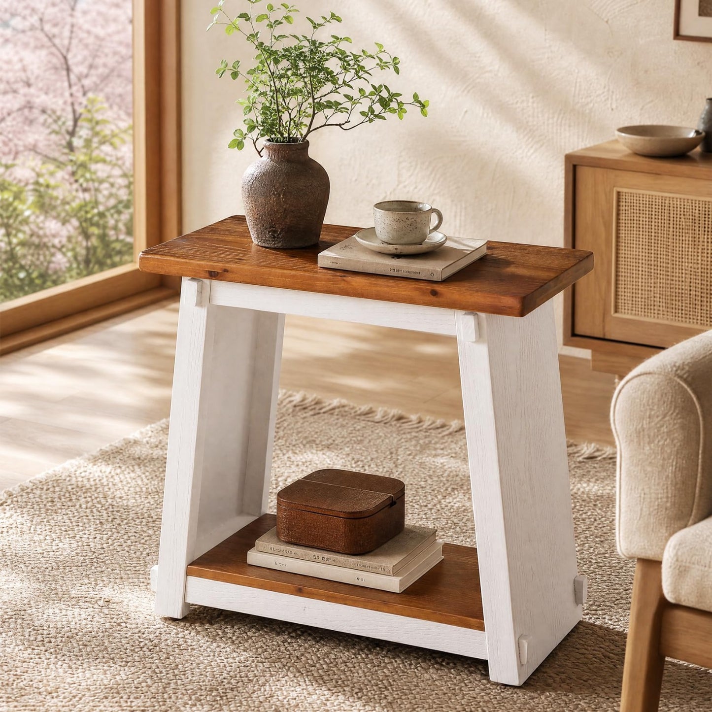 Set of 2 Solid Wood End Tables - 2 Tier Rectangle Side Tables with Shelf, Rustic5