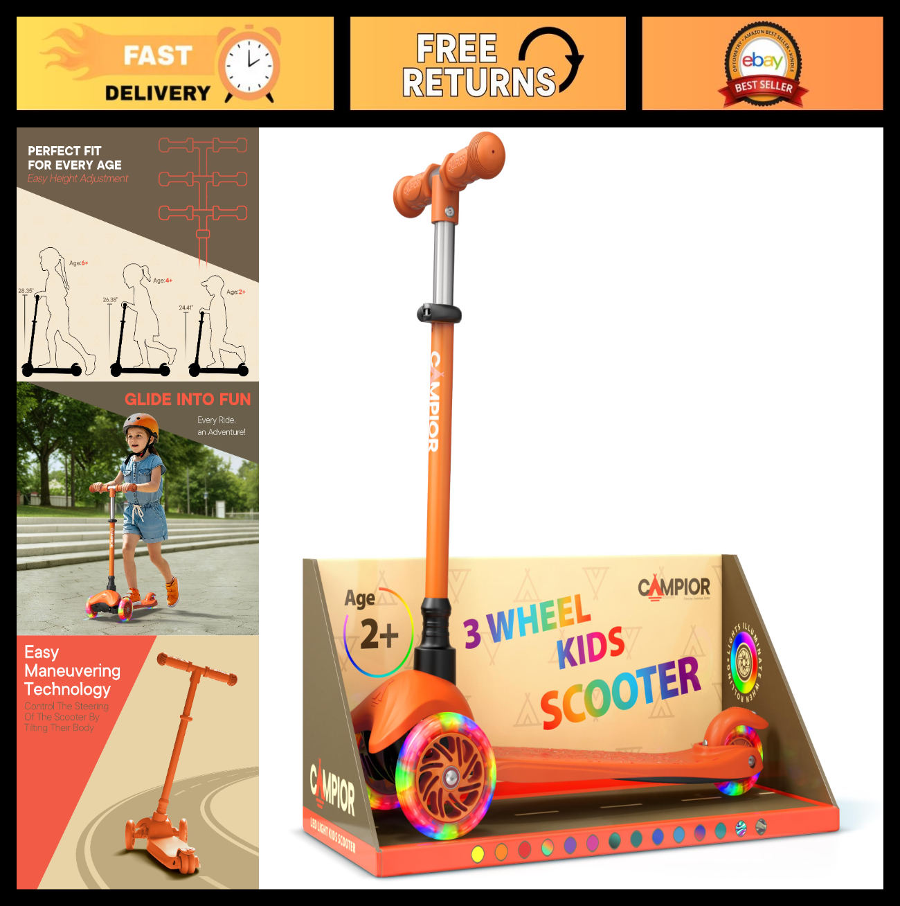 Orange Mini 3-Wheel Kids Scooter - Lean-to-Steer, LED Wheels, Adjustable Handleb0