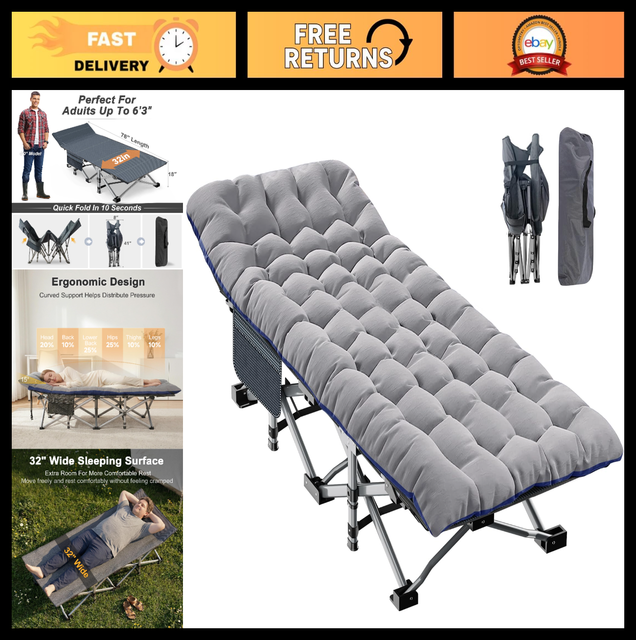 XXL Folding Camping Cot for Adults   32" Wide, 900 lb Capacity, Sturdy Frame, Re0