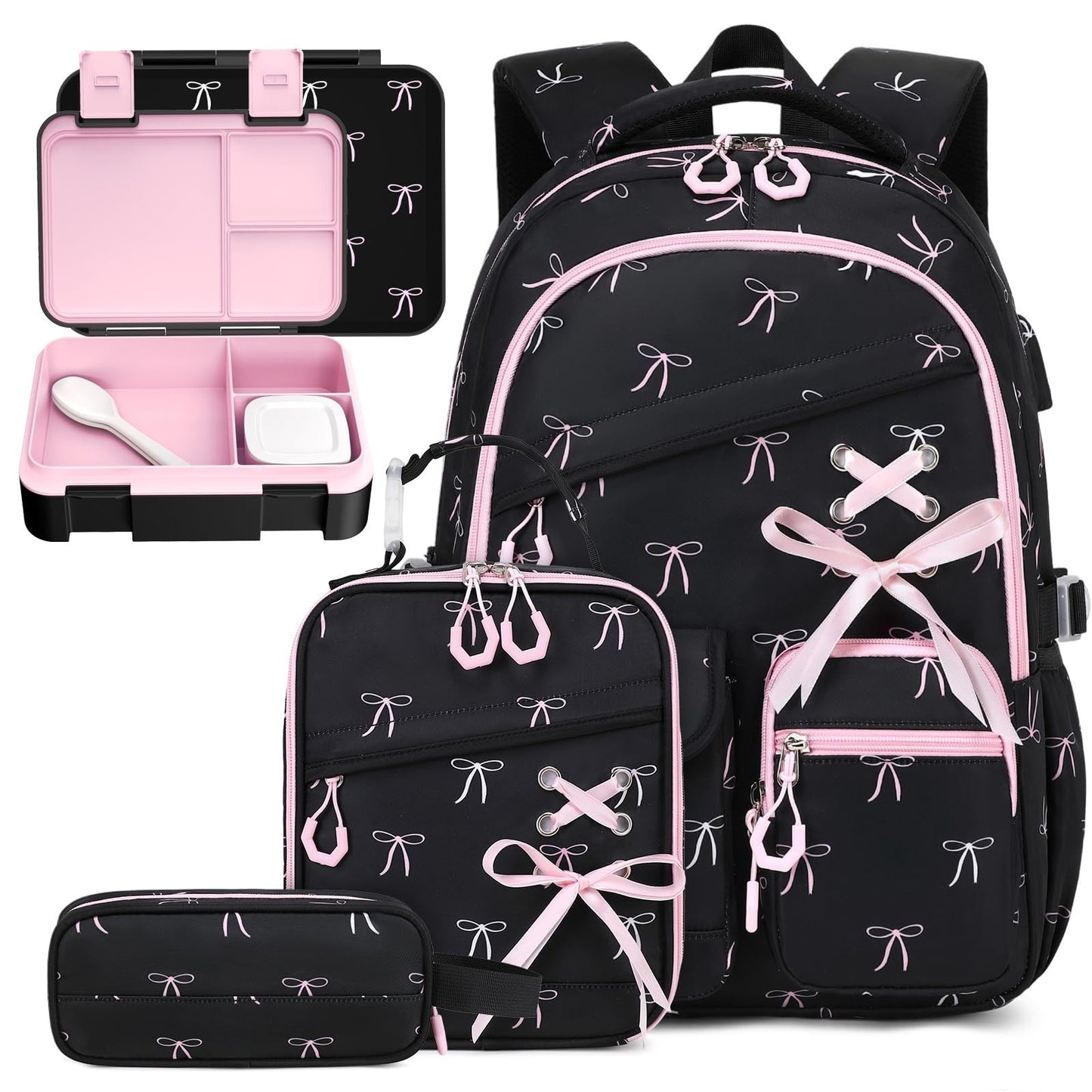 Girls School Backpacks Set   6PCS with Bento Box, Lunch Bag & Pencil Pouch, Blac0
