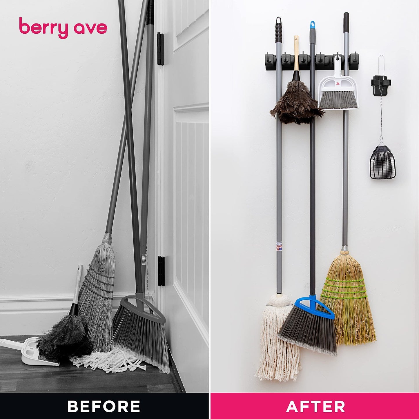 5 Slot Broom Holder & Mop Gripper - Wall Mount Tool Organizer, No-Drill, Anti-Sl6