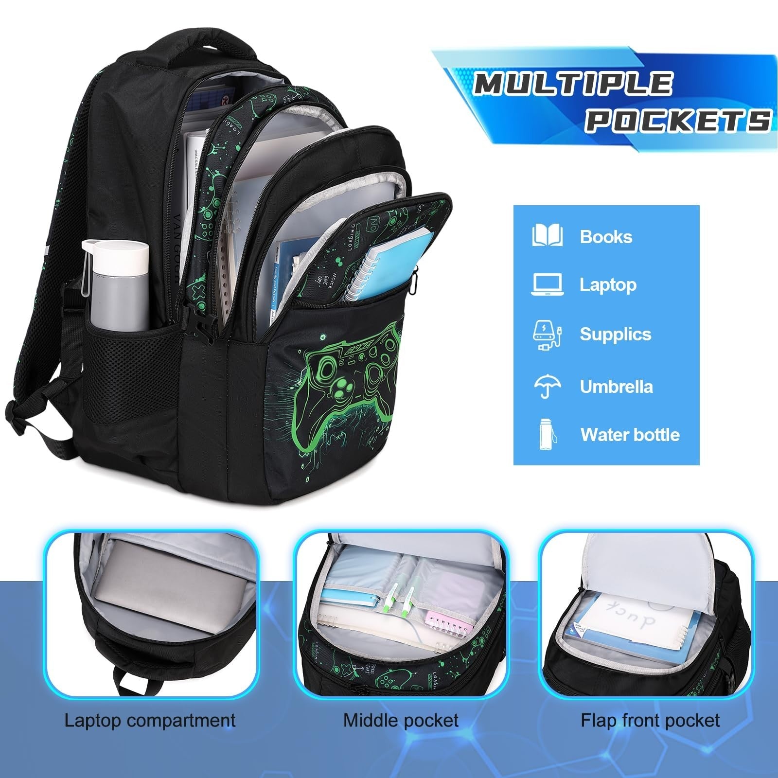 Cool Luminous Boys Backpack Set   6PCS Gamer Bag, Lunch Box & Pencil Case for Sc5