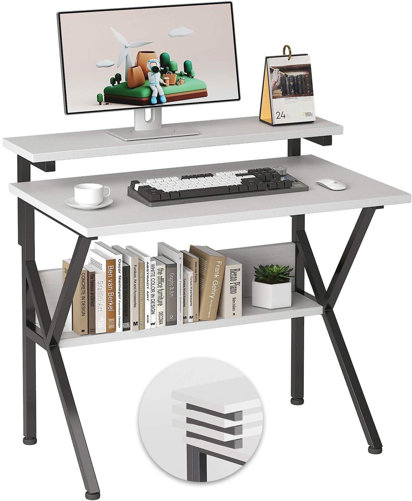 Compact 27.5" Computer Desk with Adjustable Monitor Stand & Storage - White/Blac1