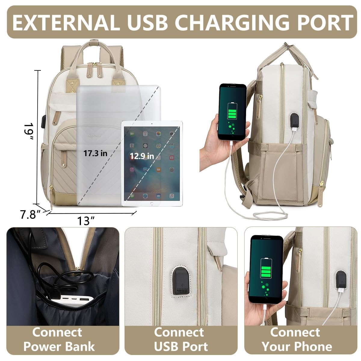 Waterproof Laptop Backpack for Women   17" Travel Bag with USB Charger, Anti The3