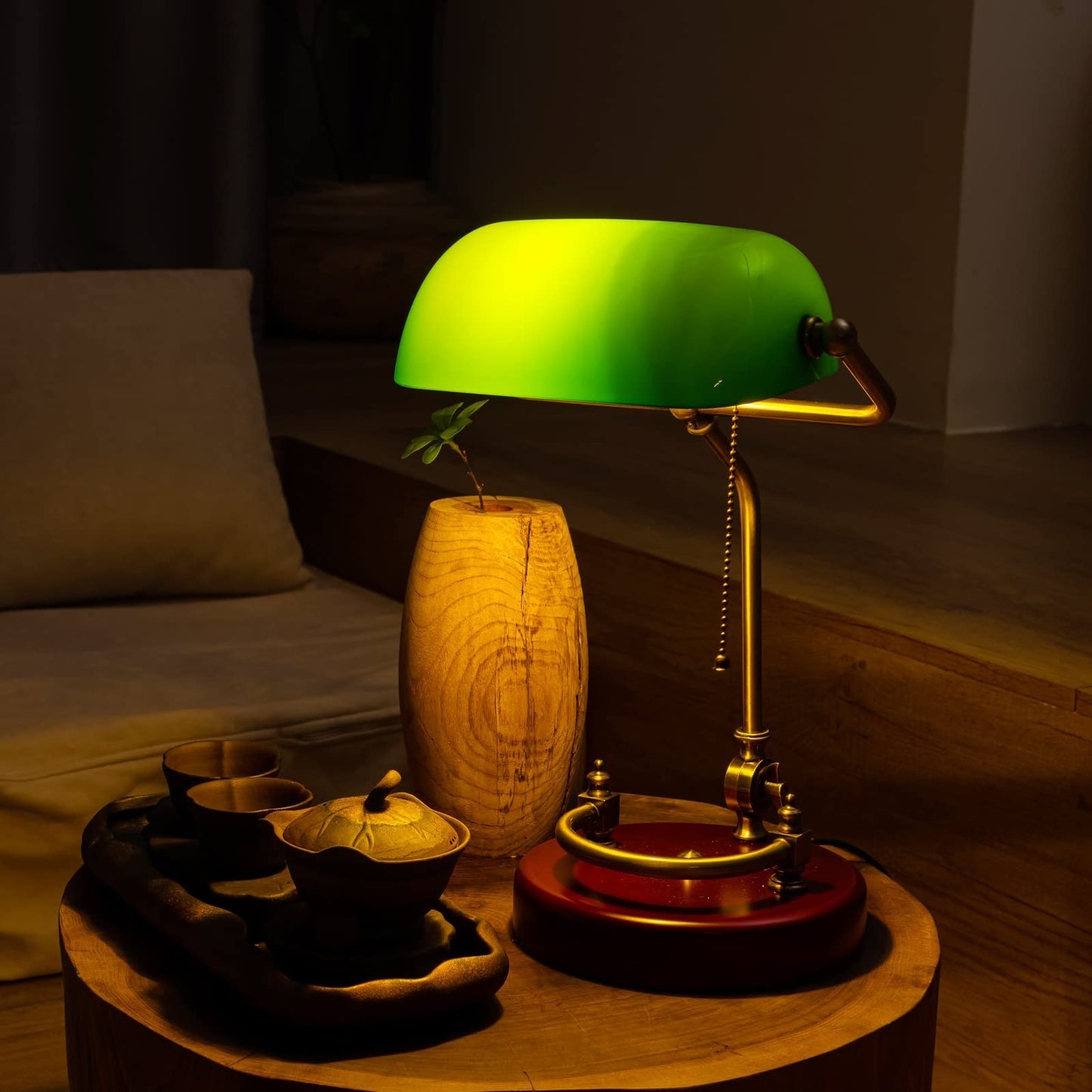Vintage Green Glass Bankers Desk Lamp with Solid Wood Base, Pull Chain Switch, E5