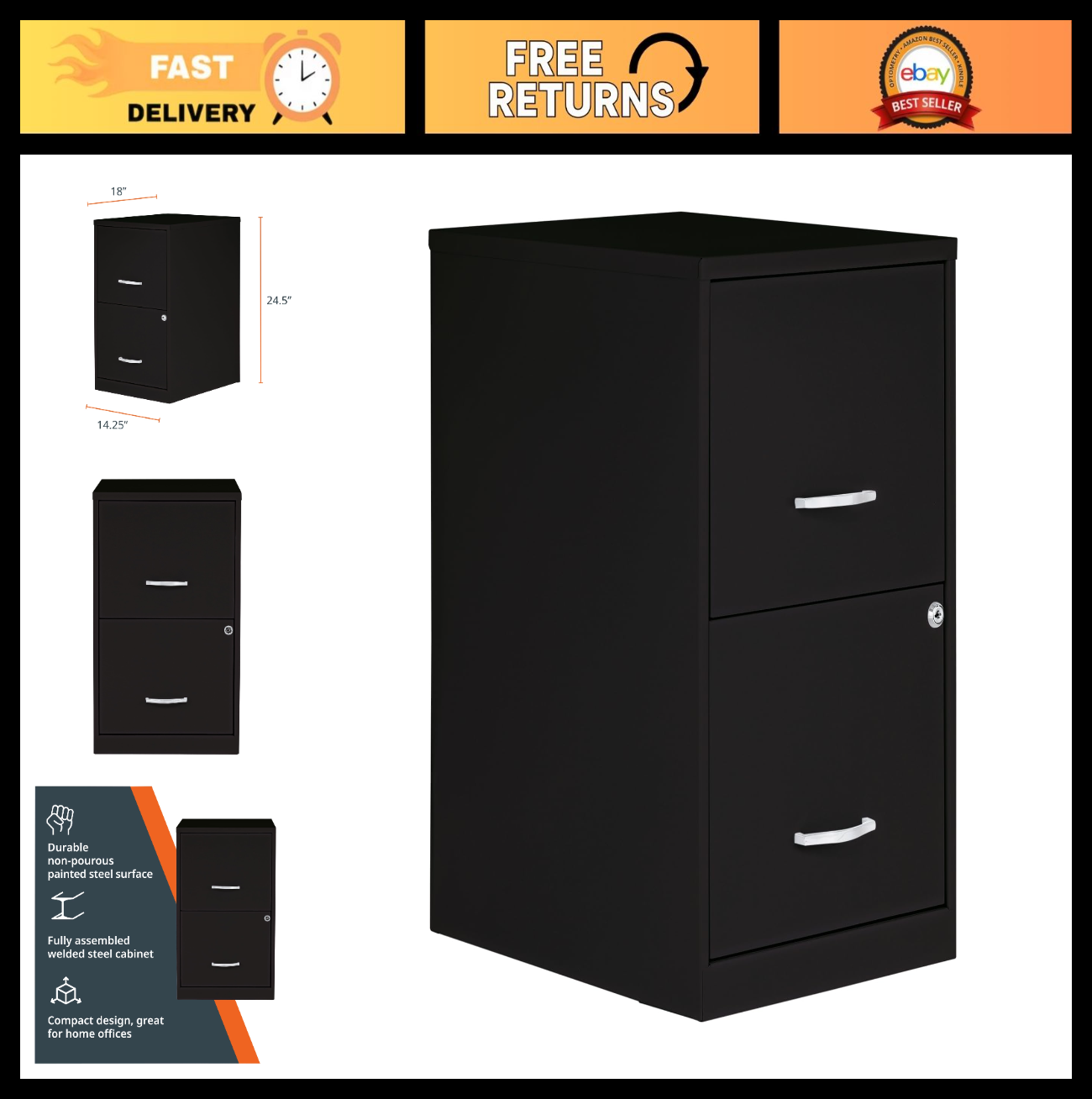 2 Drawer Locking Filing Cabinet   Pre Assembled Steel, Space Saving Design for H0
