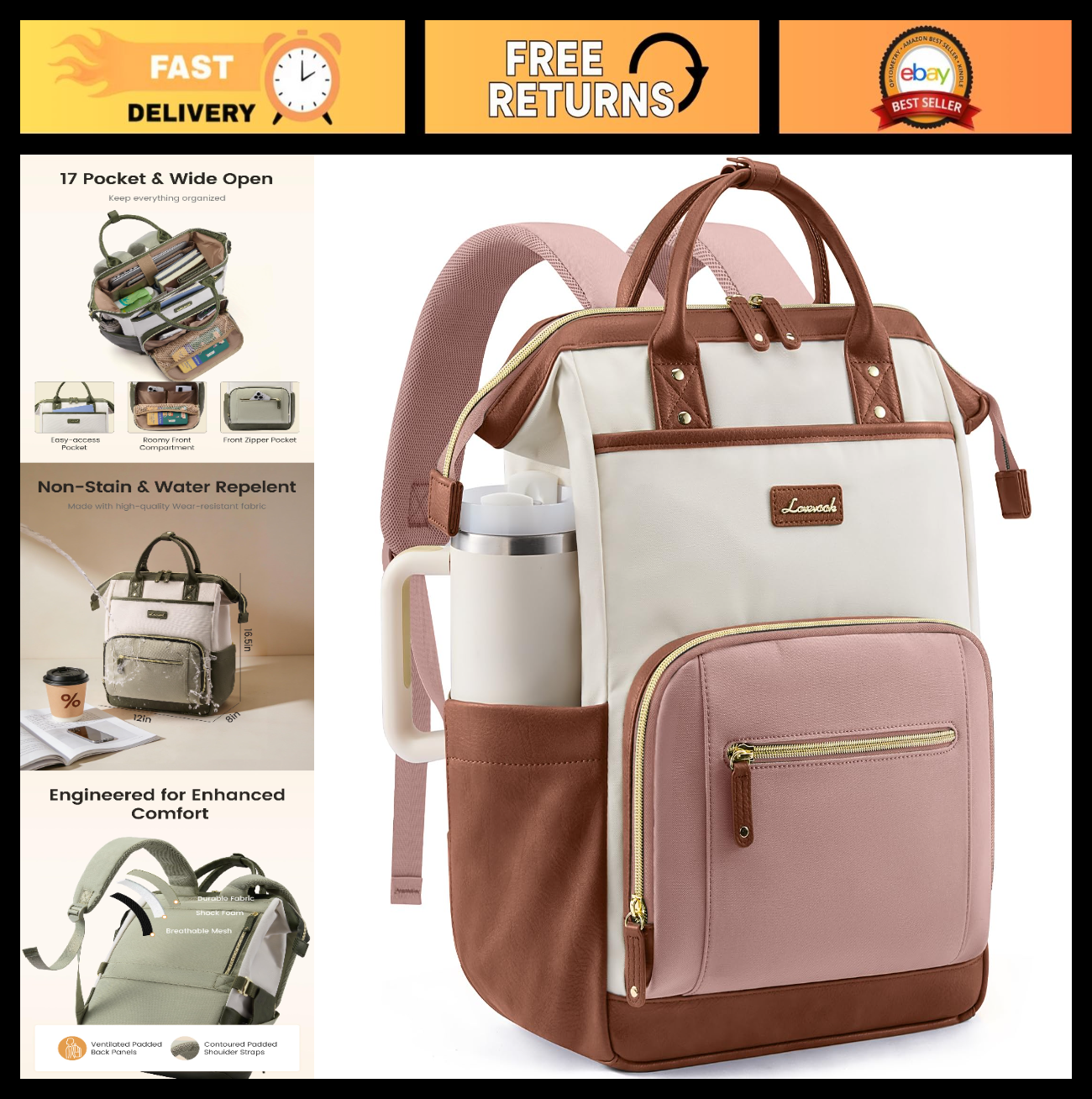 Stylish 15.6" Laptop Backpack with Tumbler Holder, Cute Travel Bag for Work & Co0