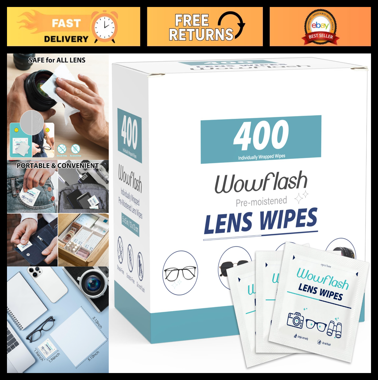 400 Count Pre-Moistened Lens Wipes | Scratch-Free Streak-Free Cleaner for Eyegla0