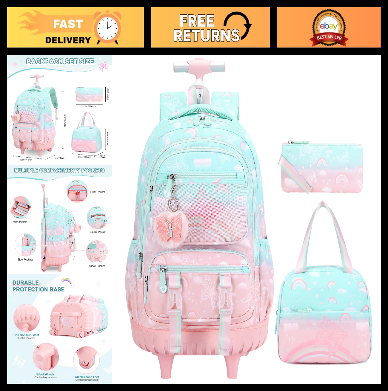 Rainbow Butterfly Rolling Backpack Set for Girls with Lunch Box   3PCS (Green Pi0