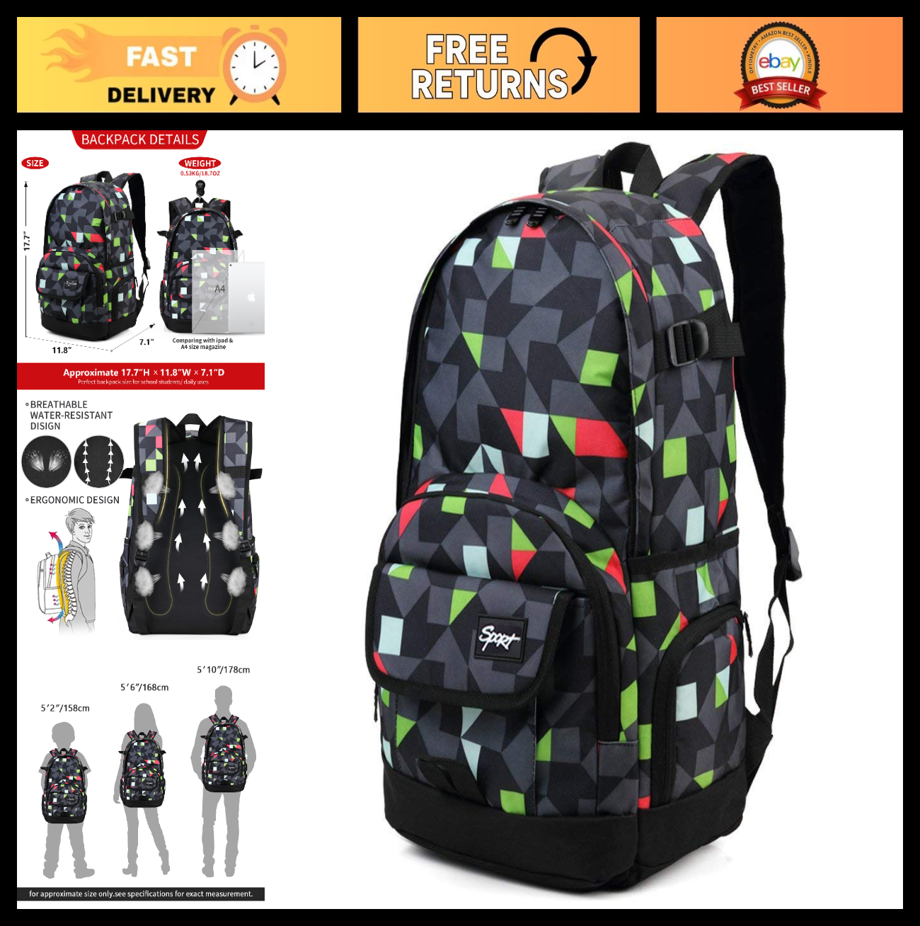 Lightweight School Backpack Travel Bag for Men & Women   College, Hiking, Daily0