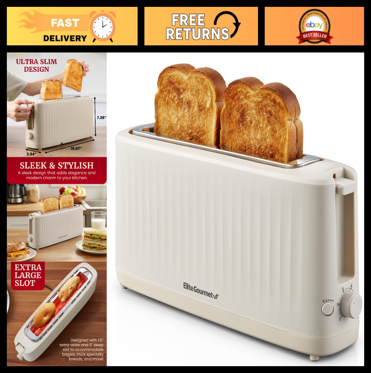 2-Slice Long Slot Toaster with Cool-Touch Body, 6 Browning Levels, Extra-Wide Sl0