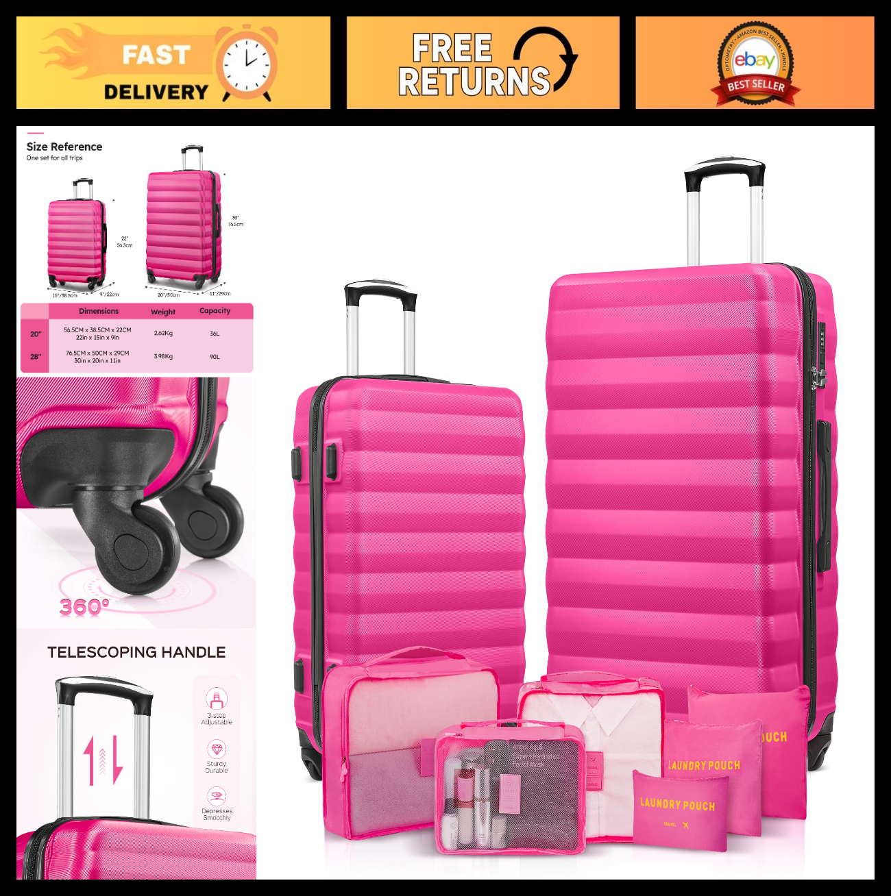 2 Piece Luggage Set - 20" & 28" Hardshell Suitcases with Spinner Wheels & 6 Trav0