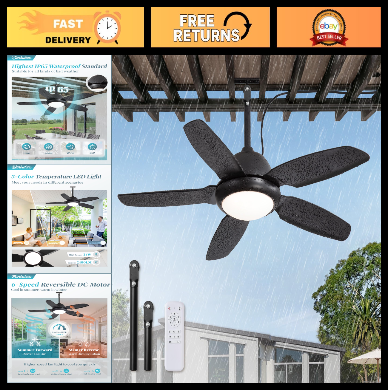 42" Waterproof Outdoor Ceiling Fan with Light, Remote Control, 6 Speed DC Motor,0