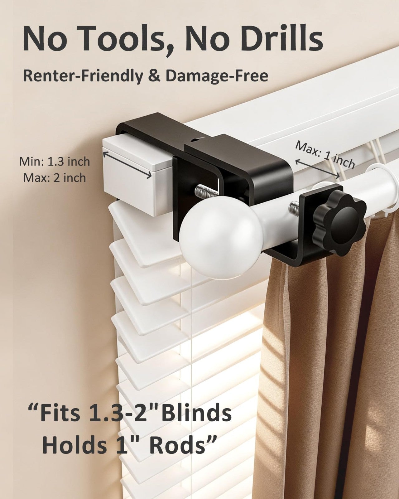 No Drill Curtain Rod Brackets for Outside-Mount Blinds, Tool-Free Holders, 4 Pac2